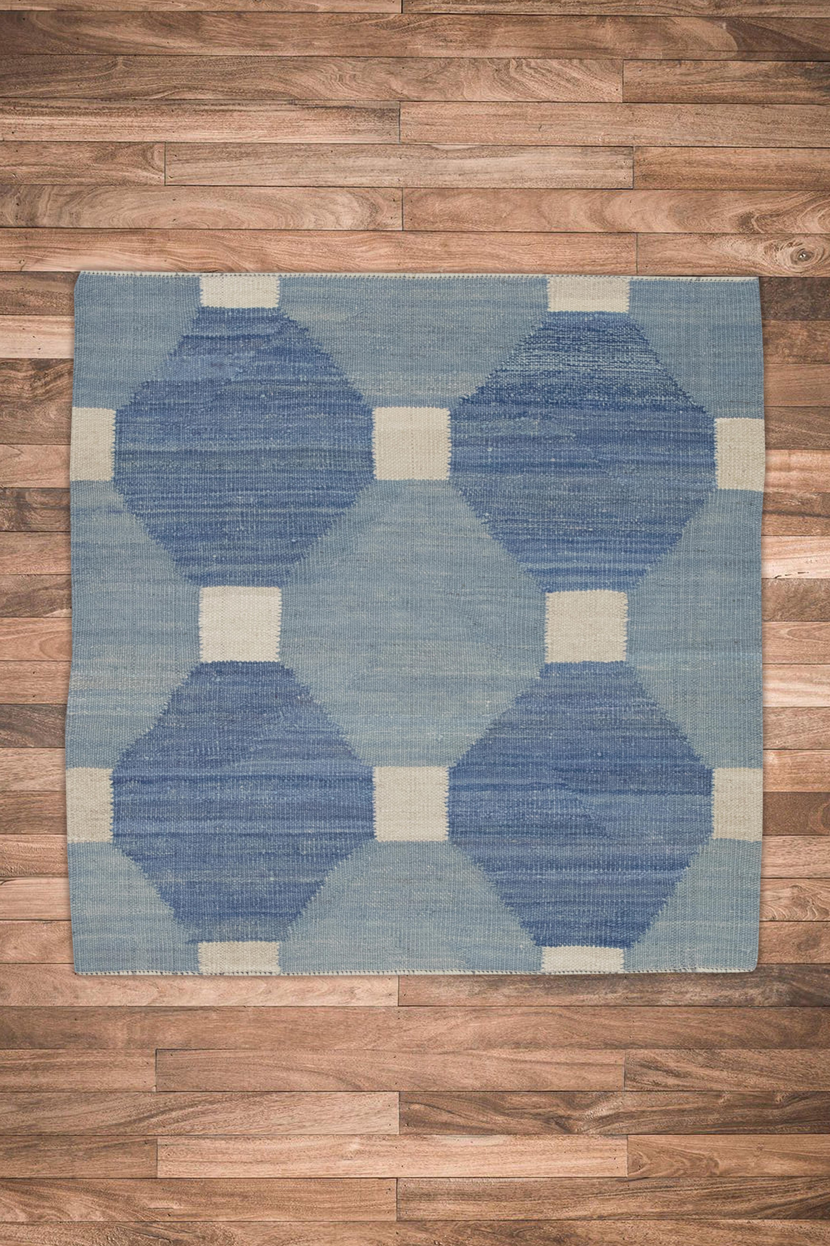 Hand-Woven Blue Modern Flatweave Handmade Square Wool Rug 3' X 3'1