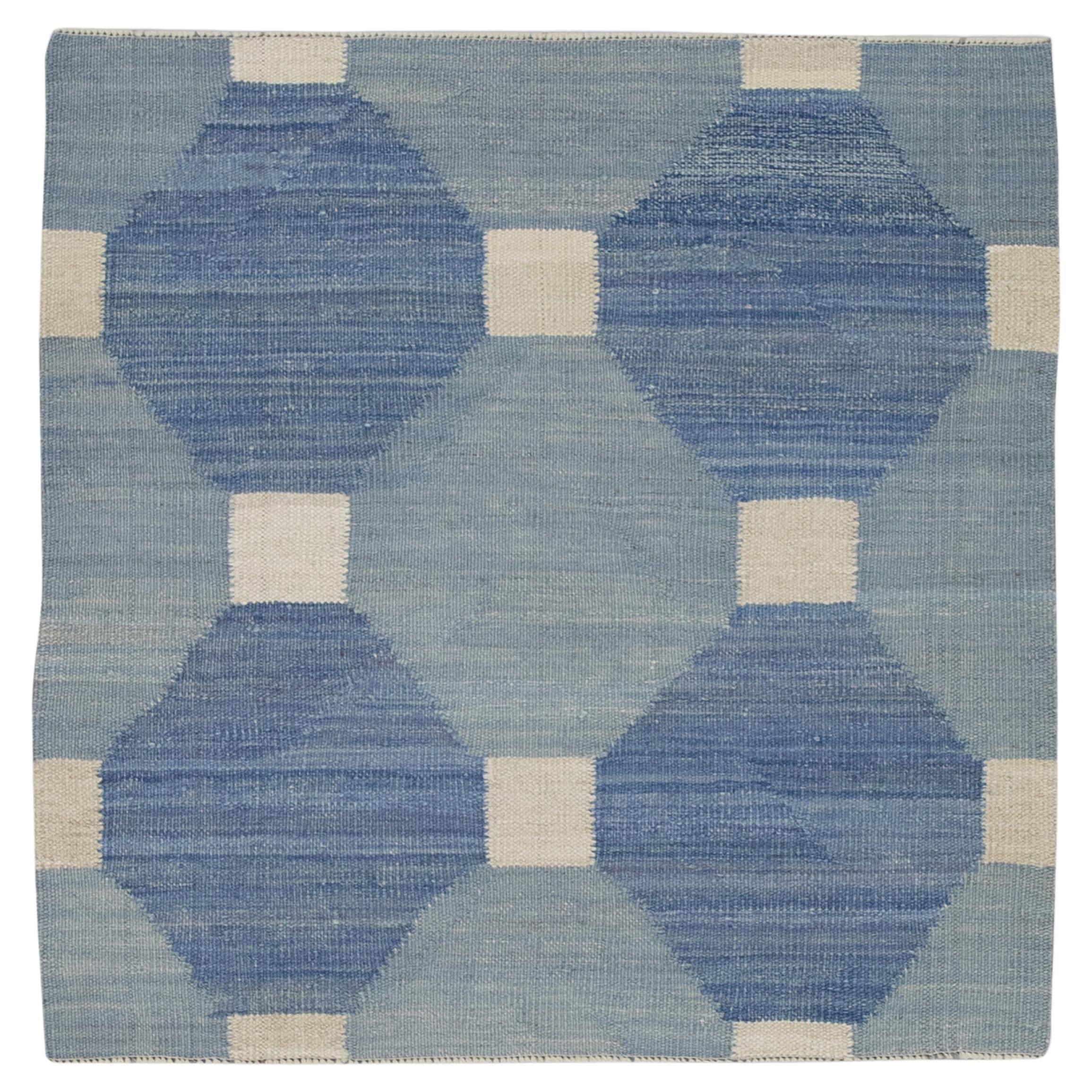 Blue Modern Flatweave Handmade Square Wool Rug 3' X 3'1" For Sale