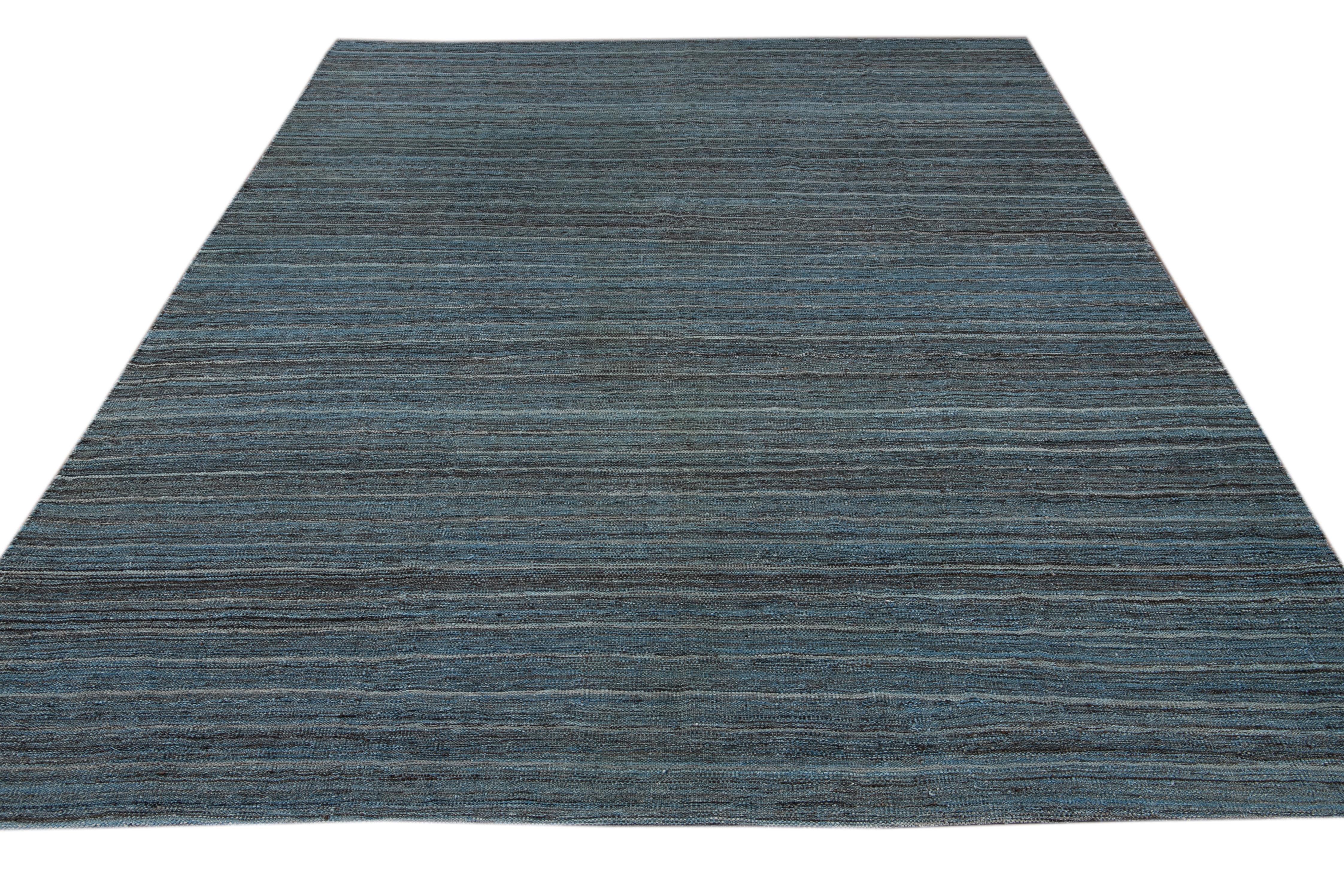 Blue Modern Flat-Weave Kilim Striped Wool Rug For Sale 4