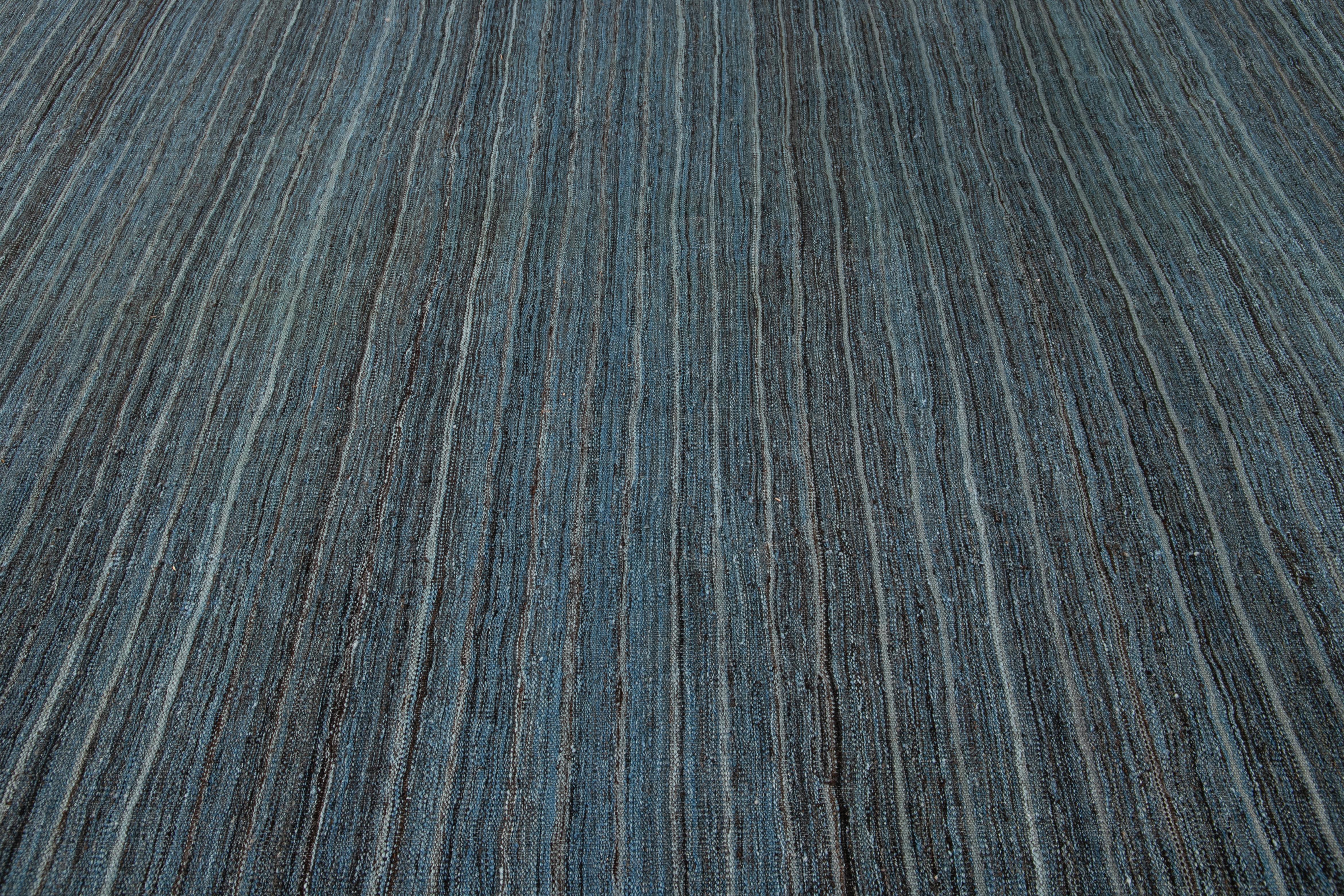 Blue Modern Flat-Weave Kilim Striped Wool Rug For Sale 5
