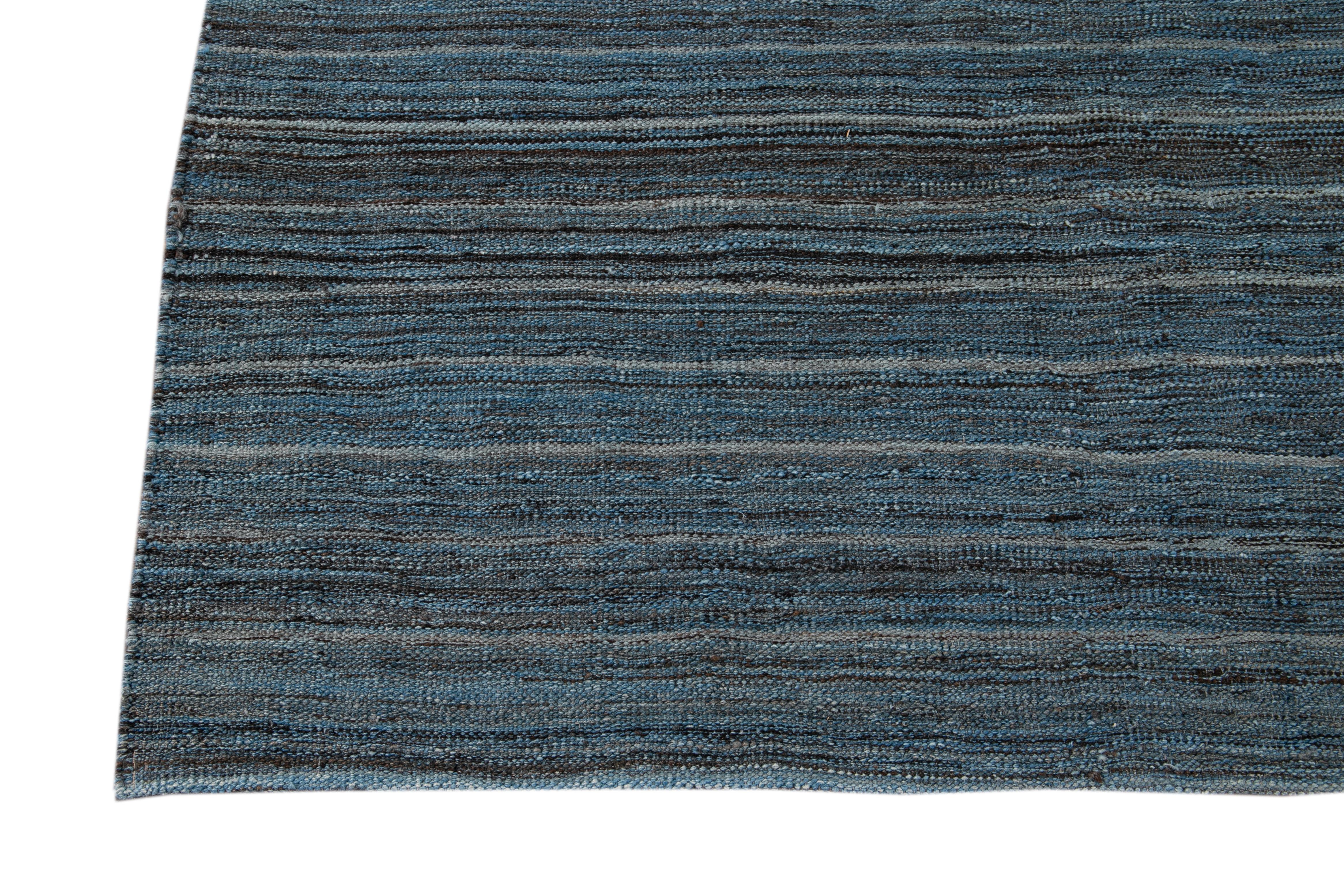 Blue Modern Flat-Weave Kilim Striped Wool Rug For Sale 6