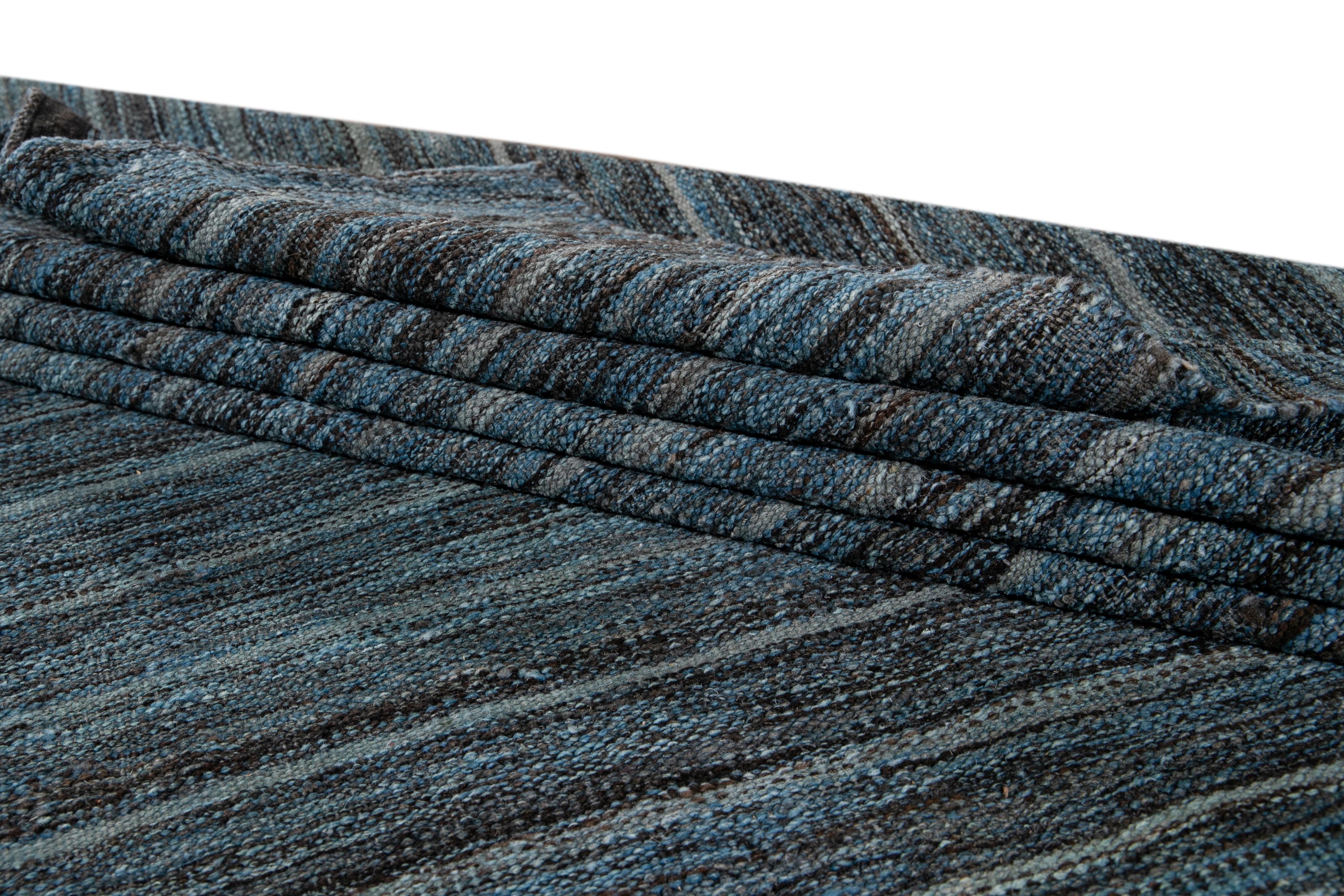 Blue Modern Flat-Weave Kilim Striped Wool Rug For Sale 7