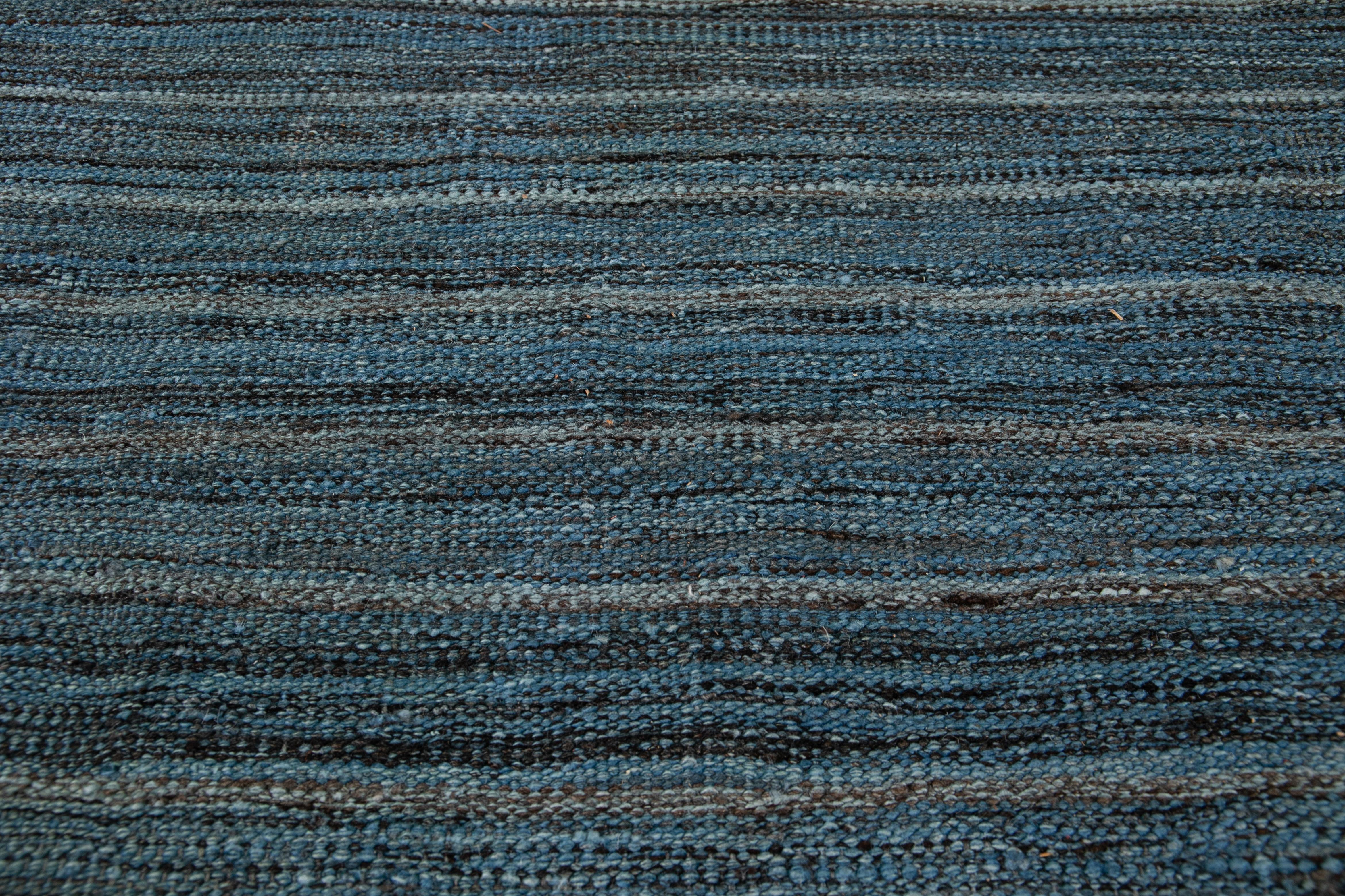 Blue Modern Flat-Weave Kilim Striped Wool Rug For Sale 8
