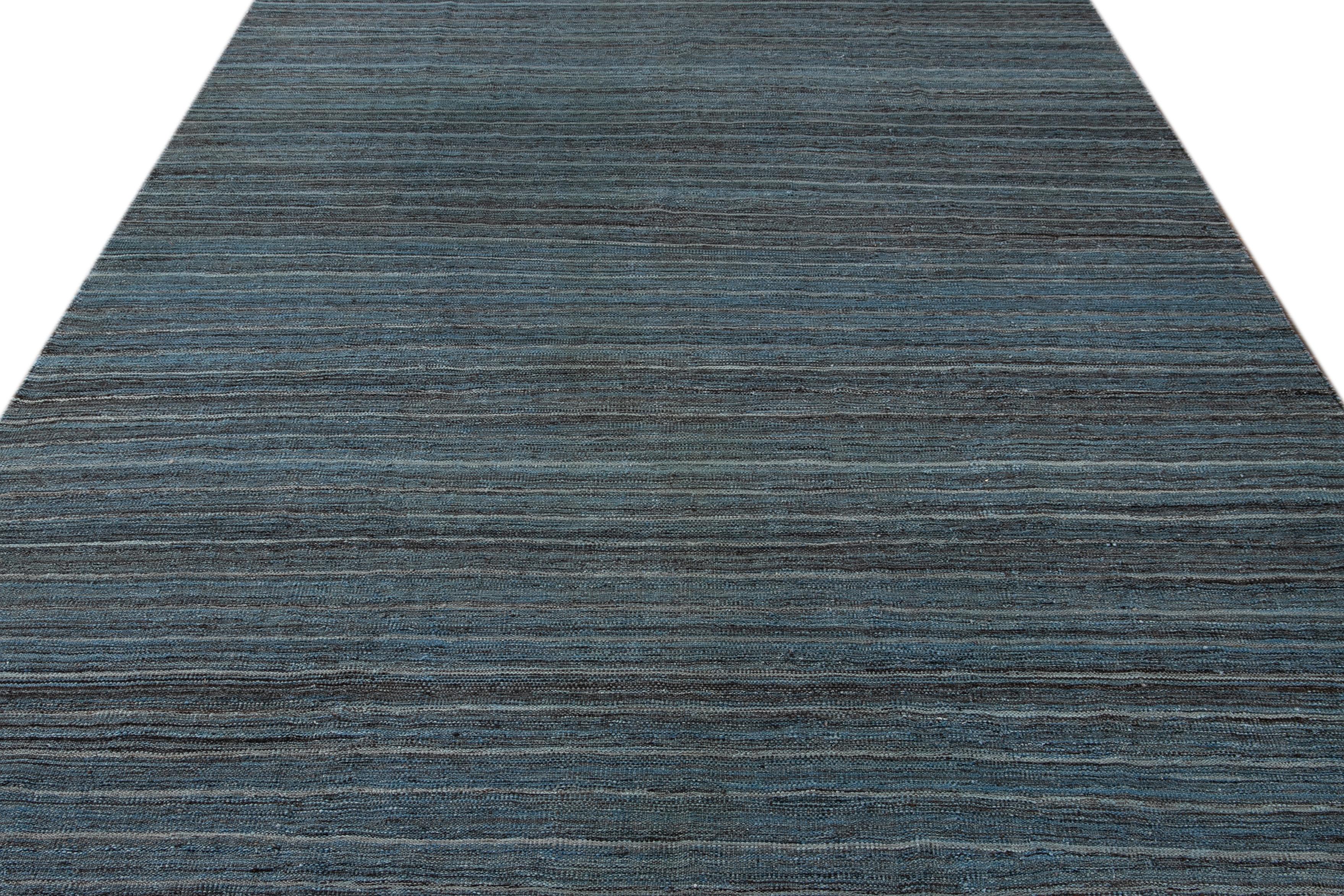 Turkish Blue Modern Flat-Weave Kilim Striped Wool Rug For Sale