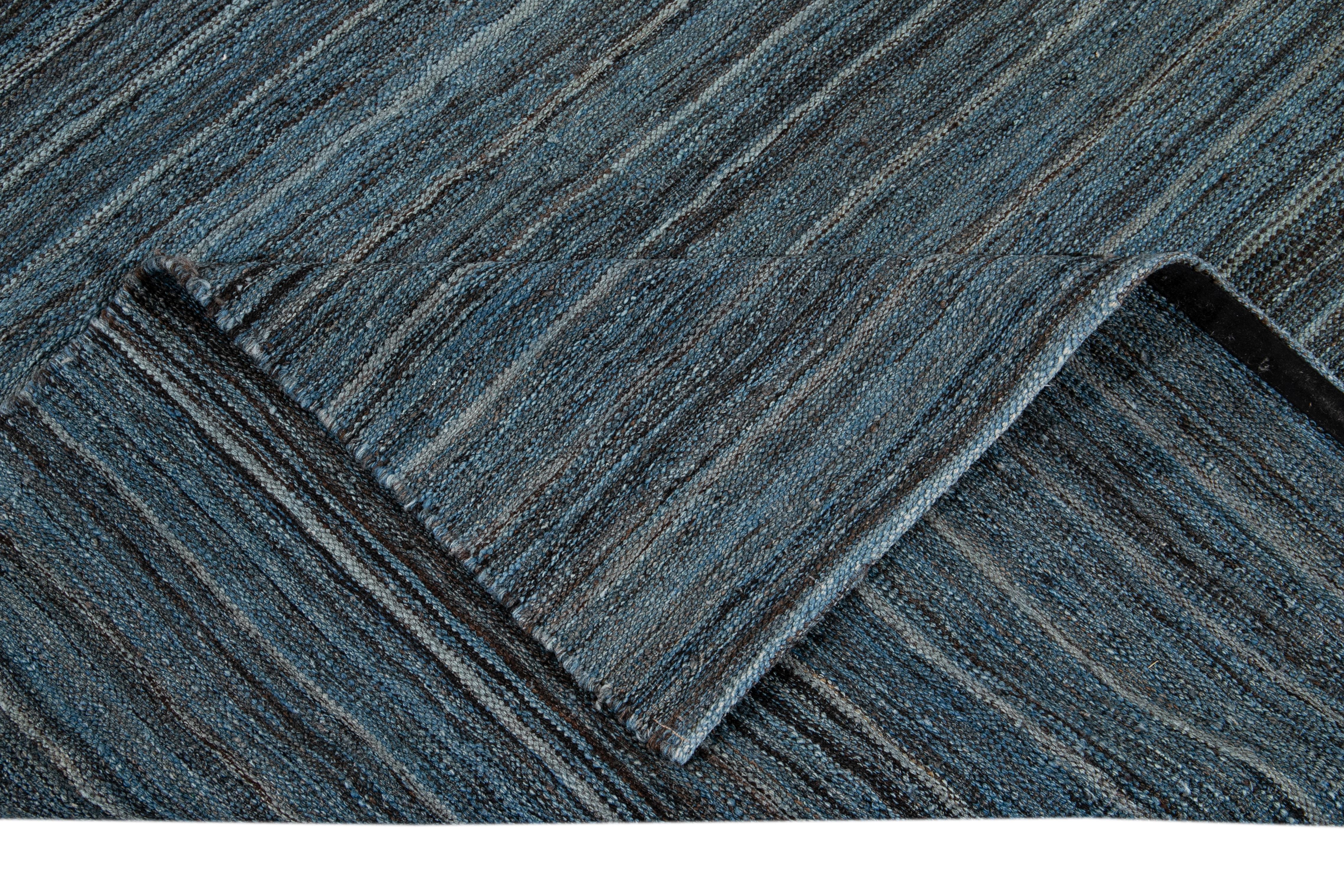 Hand-Woven Blue Modern Flat-Weave Kilim Striped Wool Rug For Sale