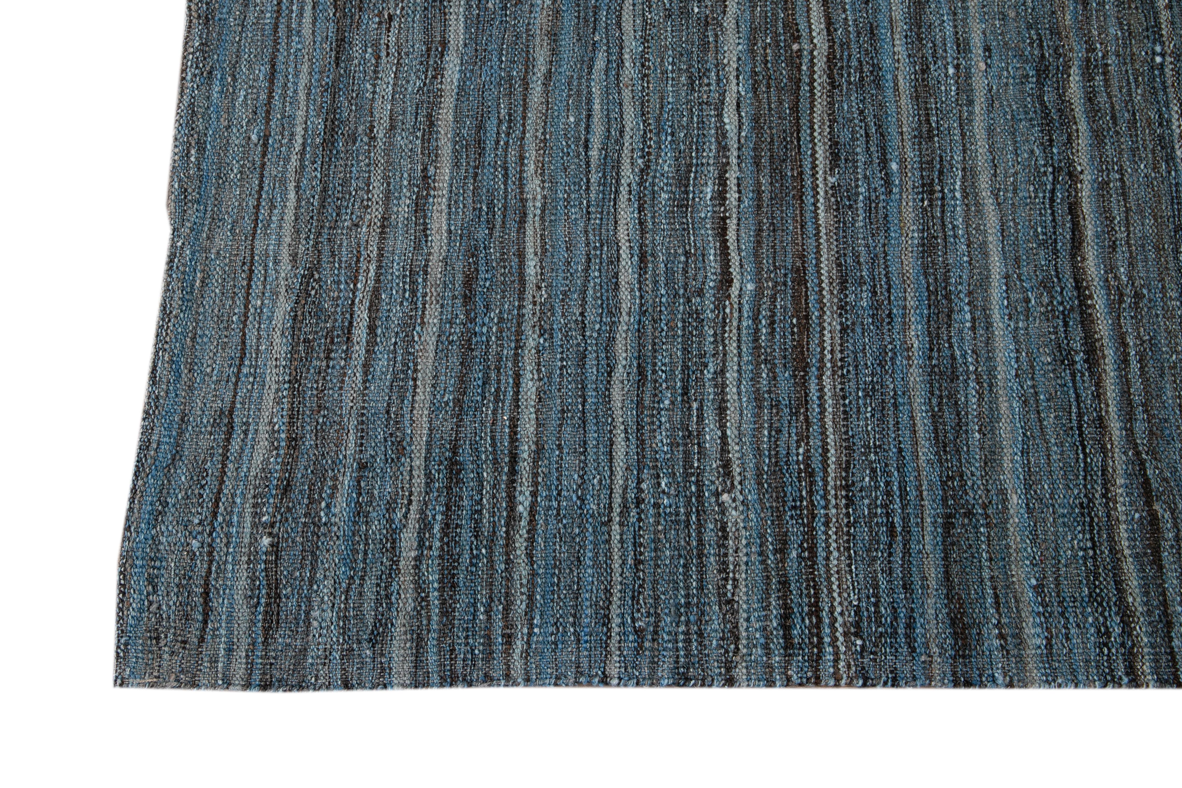 Blue Modern Flat-Weave Kilim Striped Wool Rug In New Condition For Sale In Norwalk, CT