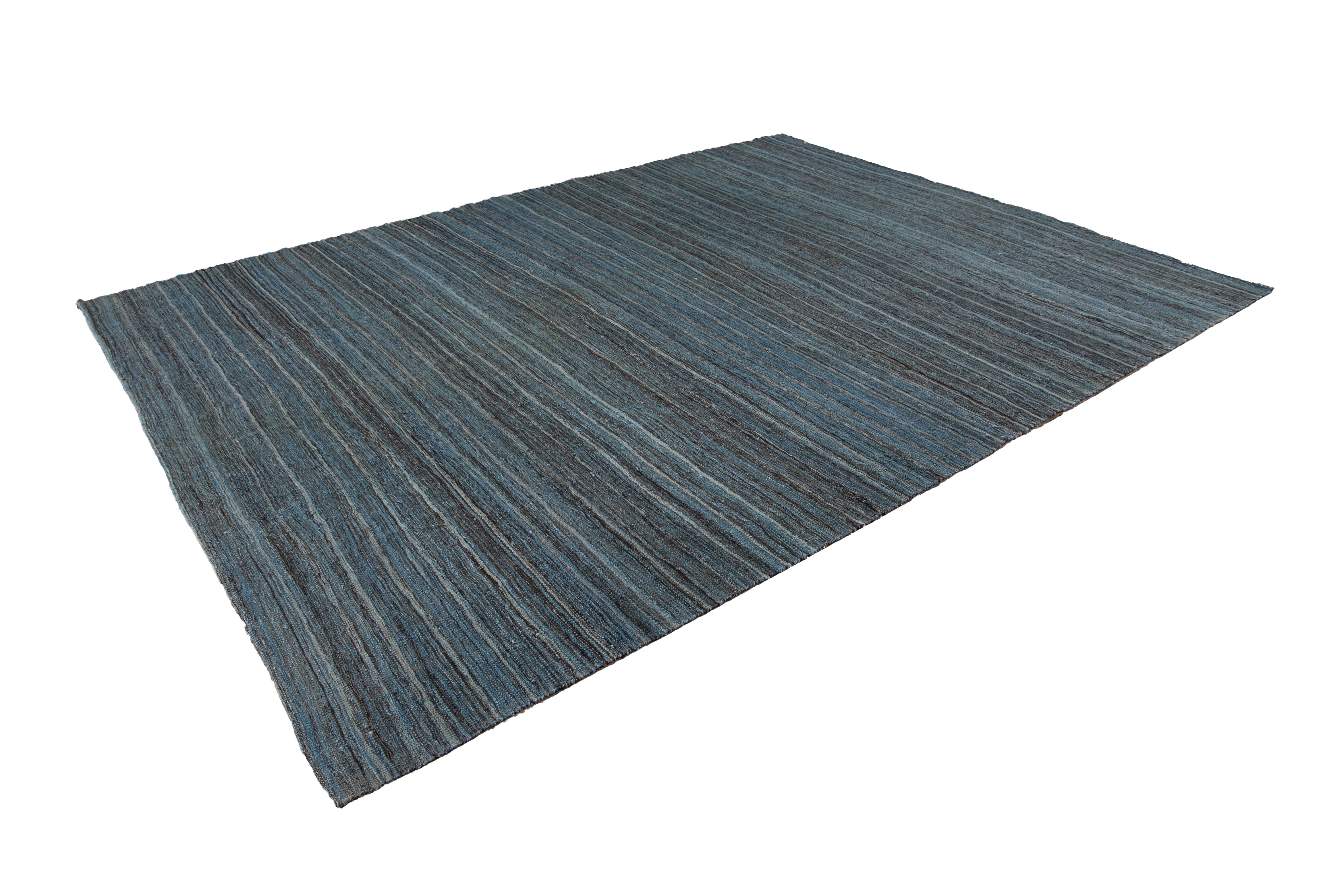Contemporary Blue Modern Flat-Weave Kilim Striped Wool Rug For Sale