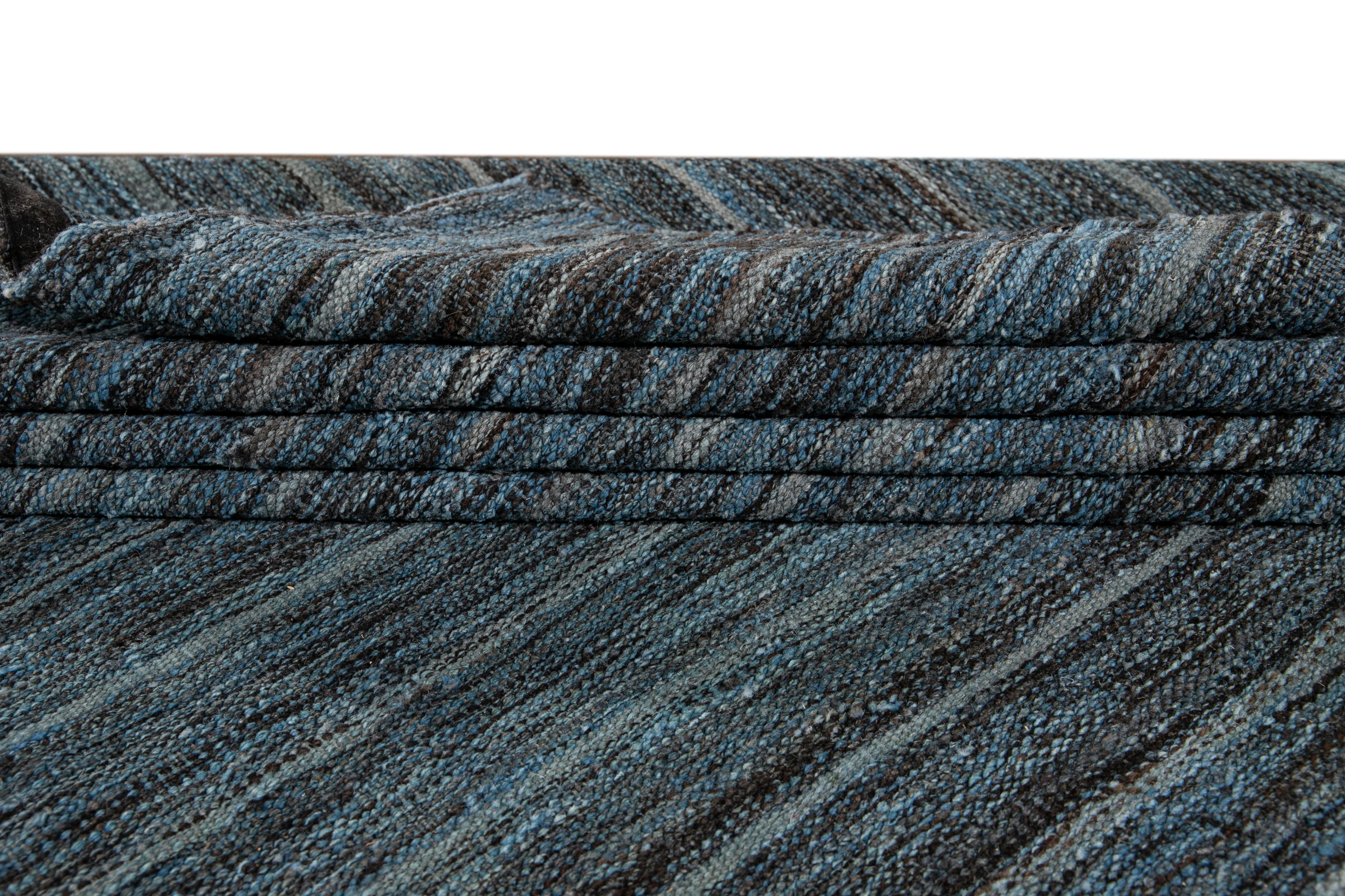 Blue Modern Flat-Weave Kilim Striped Wool Rug For Sale 1