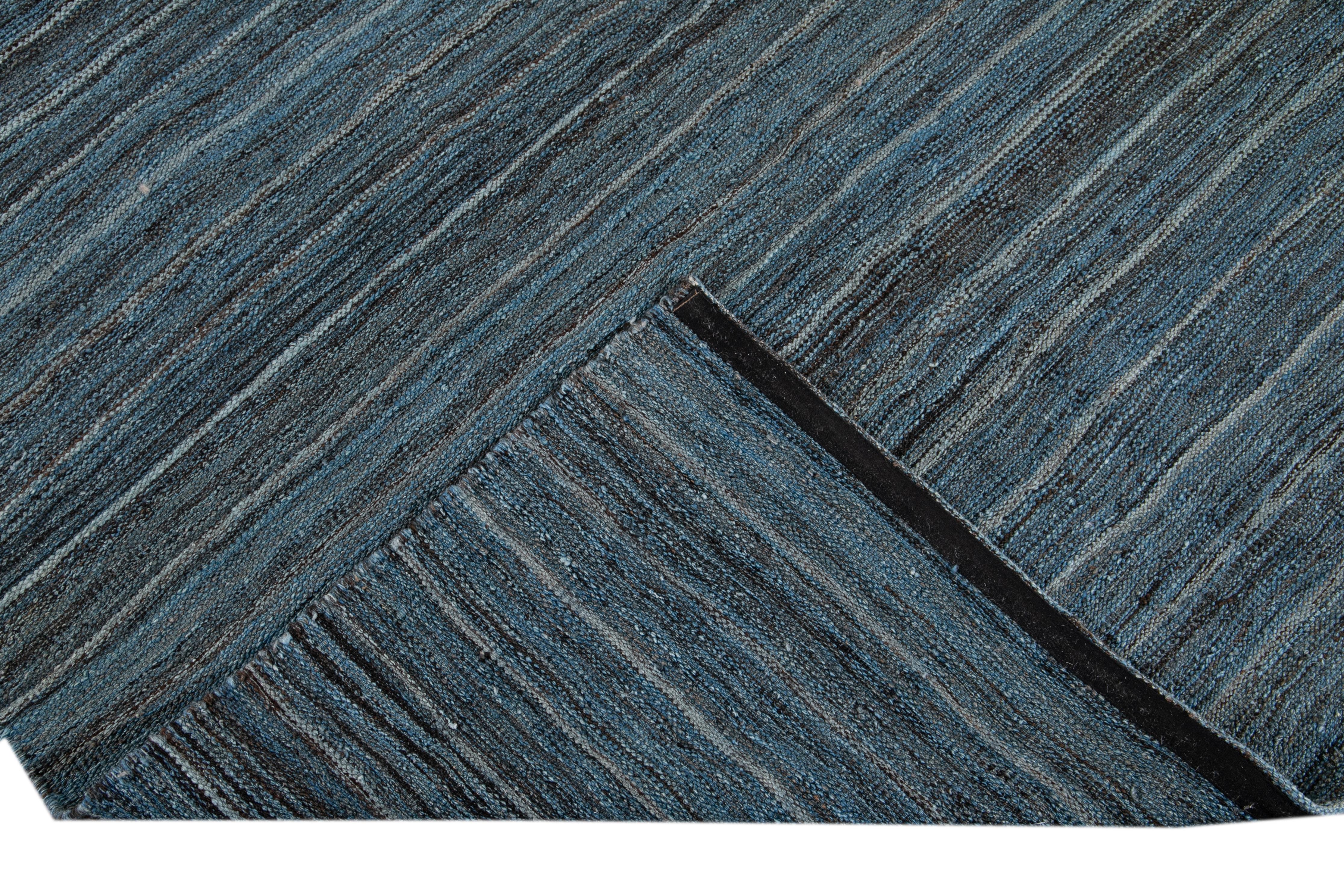Blue Modern Flat-Weave Kilim Striped Wool Rug For Sale 2