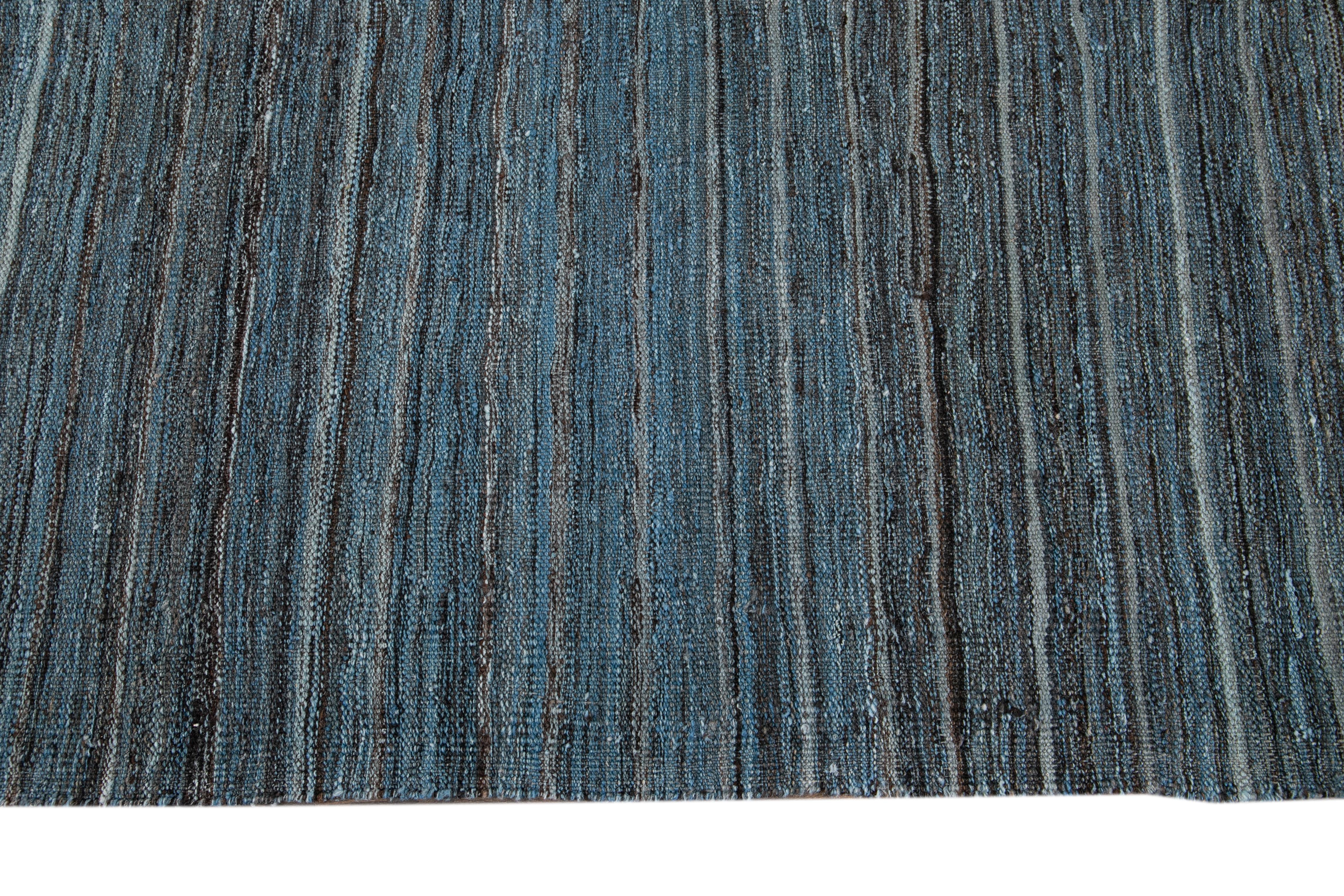 Blue Modern Flat-Weave Kilim Striped Wool Rug For Sale 3