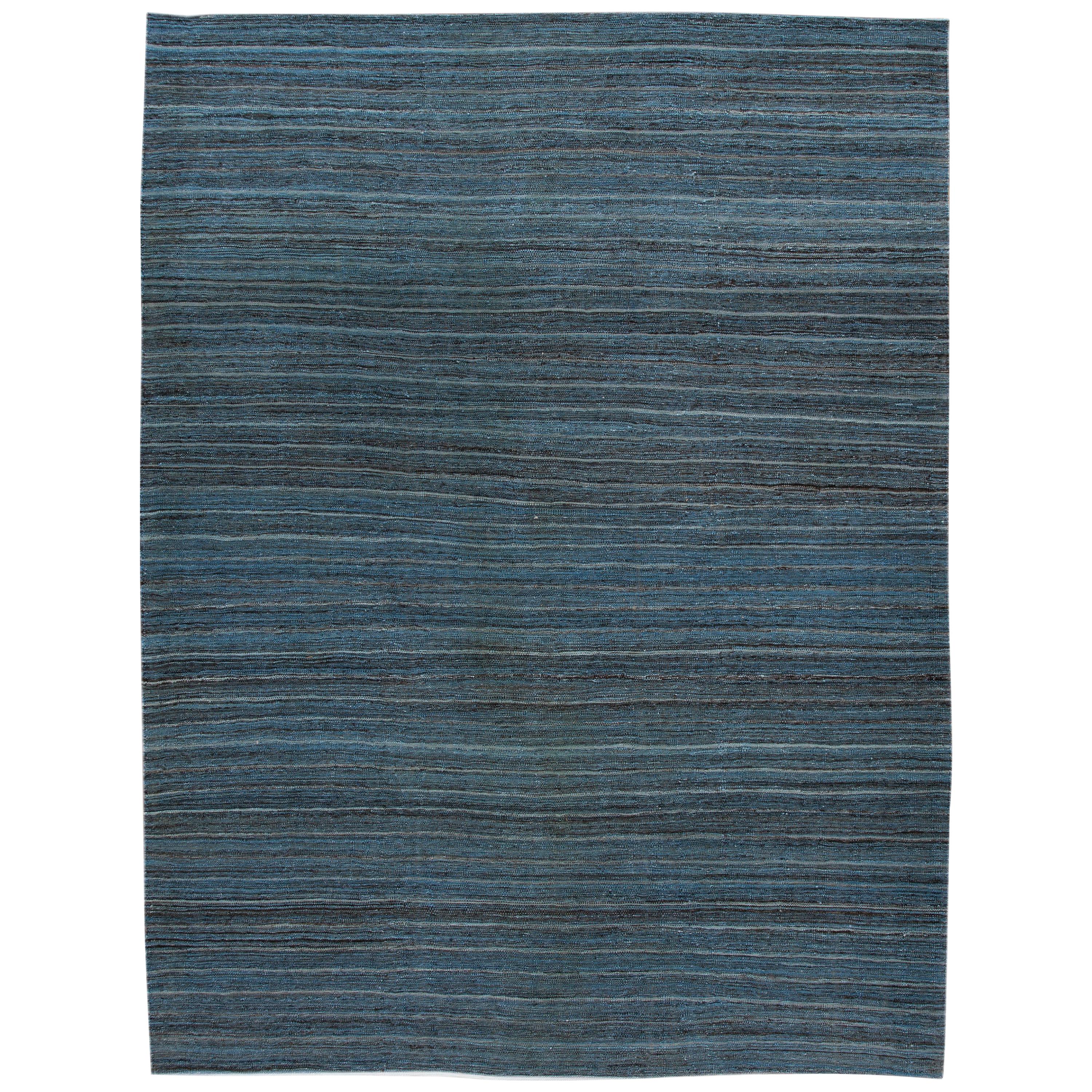 Blue Modern Flat-Weave Kilim Striped Wool Rug