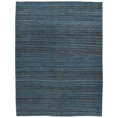 Blue Modern Flat-Weave Kilim Striped Wool Rug