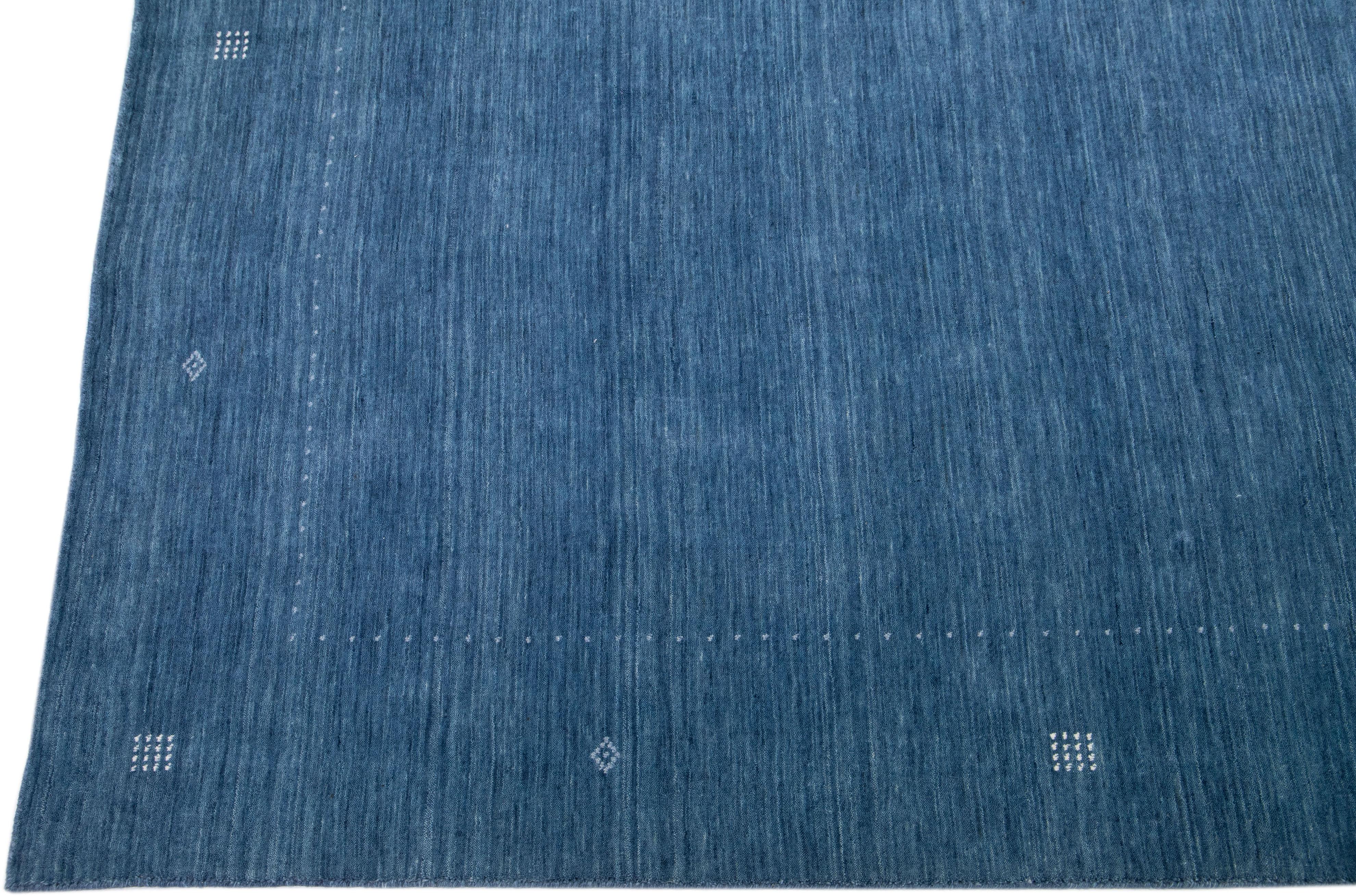 Indian Blue Modern Gabbeh Handmade Minimalist Wool Rug  For Sale