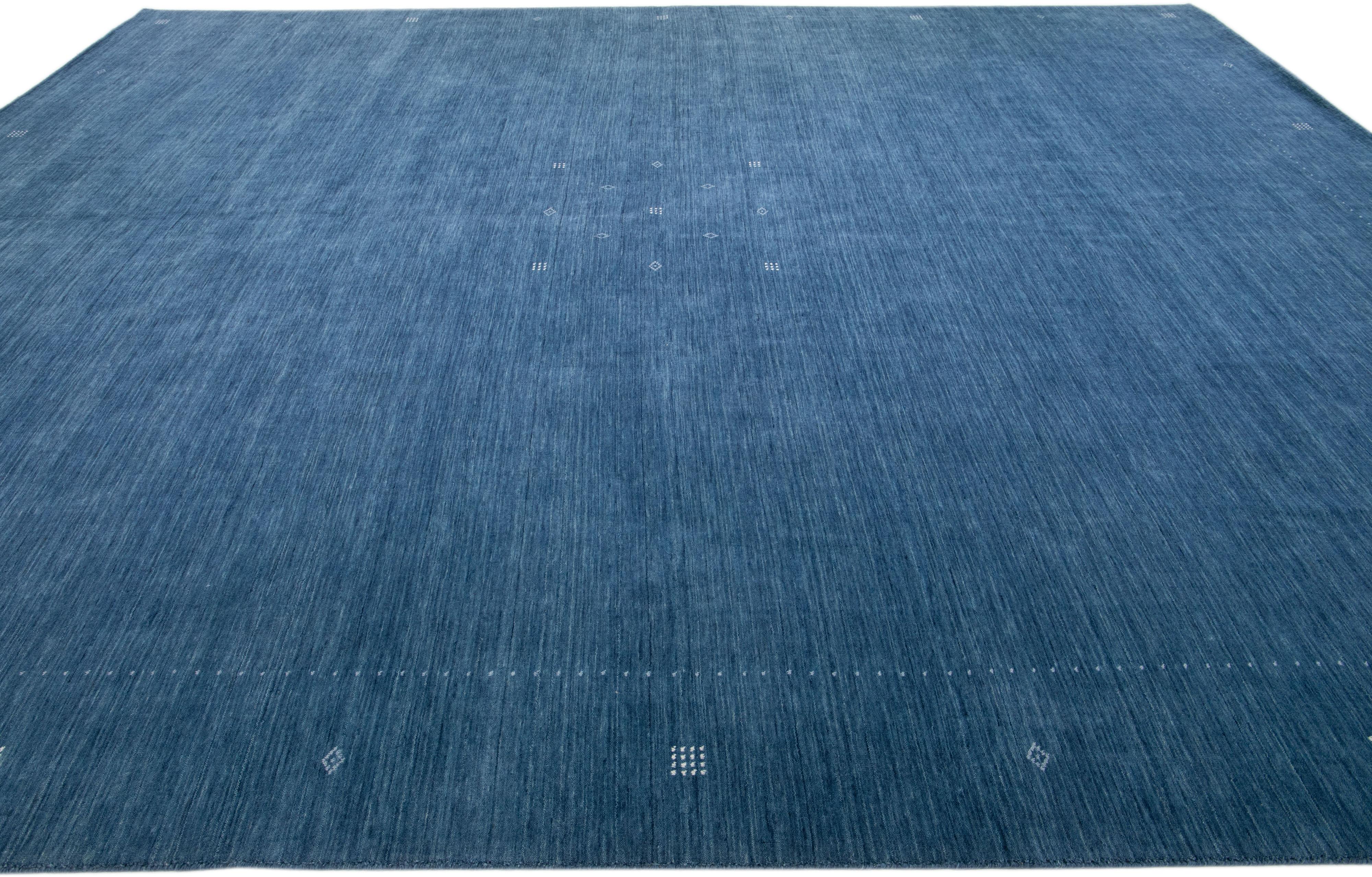 Hand-Woven Blue Modern Gabbeh Handmade Minimalist Wool Rug  For Sale