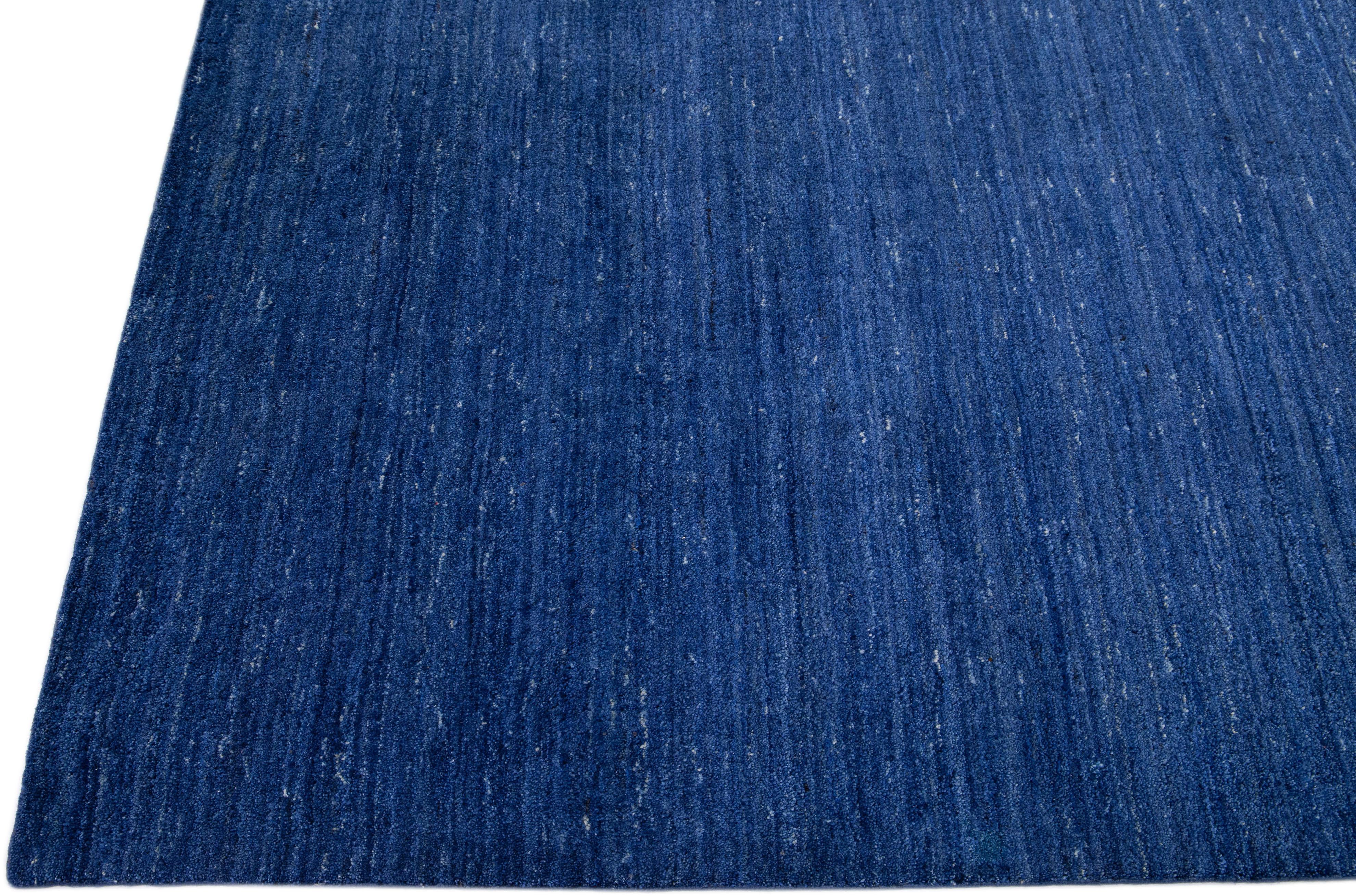Indian Blue Modern Gabbeh Style Handmade Solid Motif Wool Rug For Sale