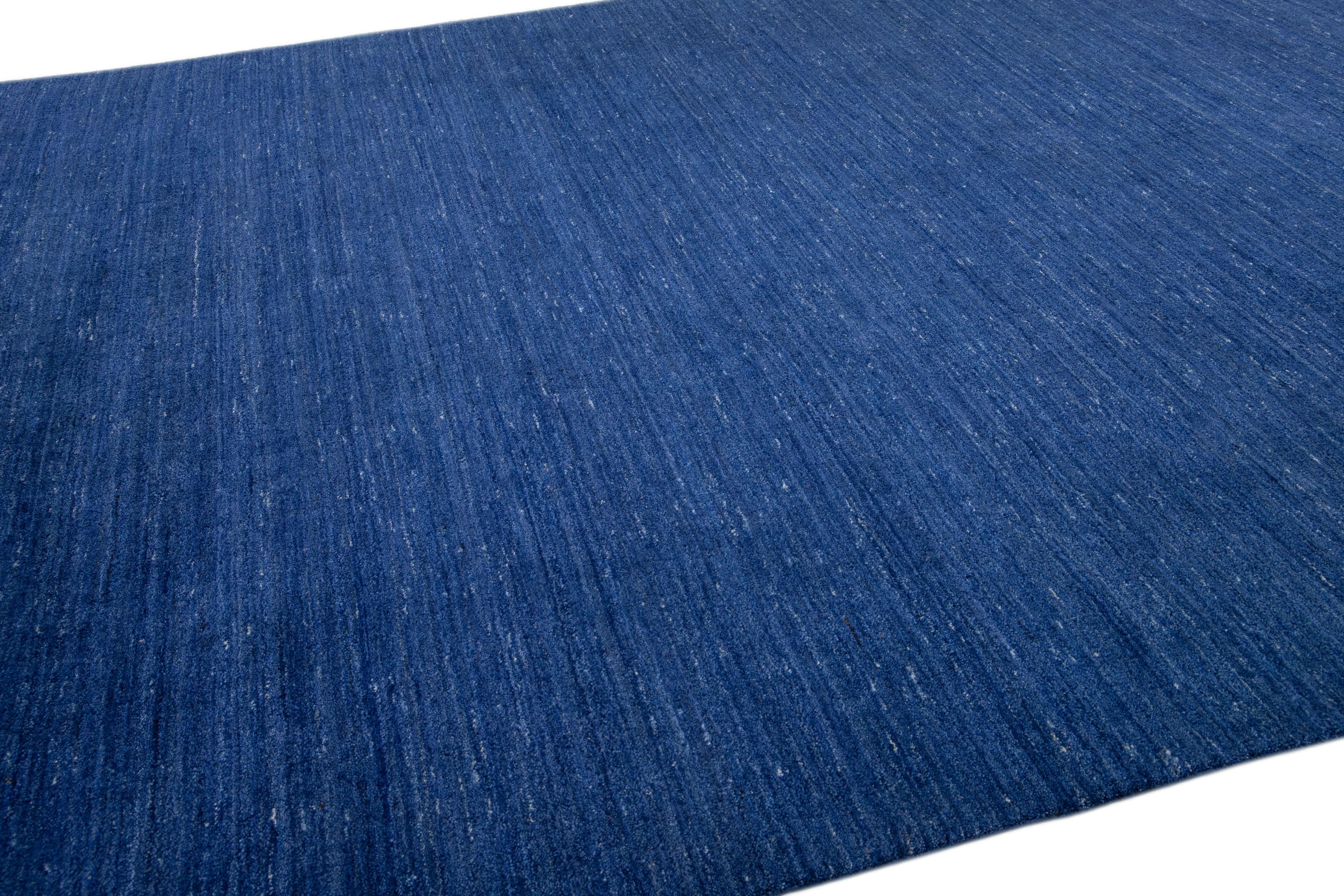 Hand-Knotted Blue Modern Gabbeh Style Handmade Solid Motif Wool Rug For Sale