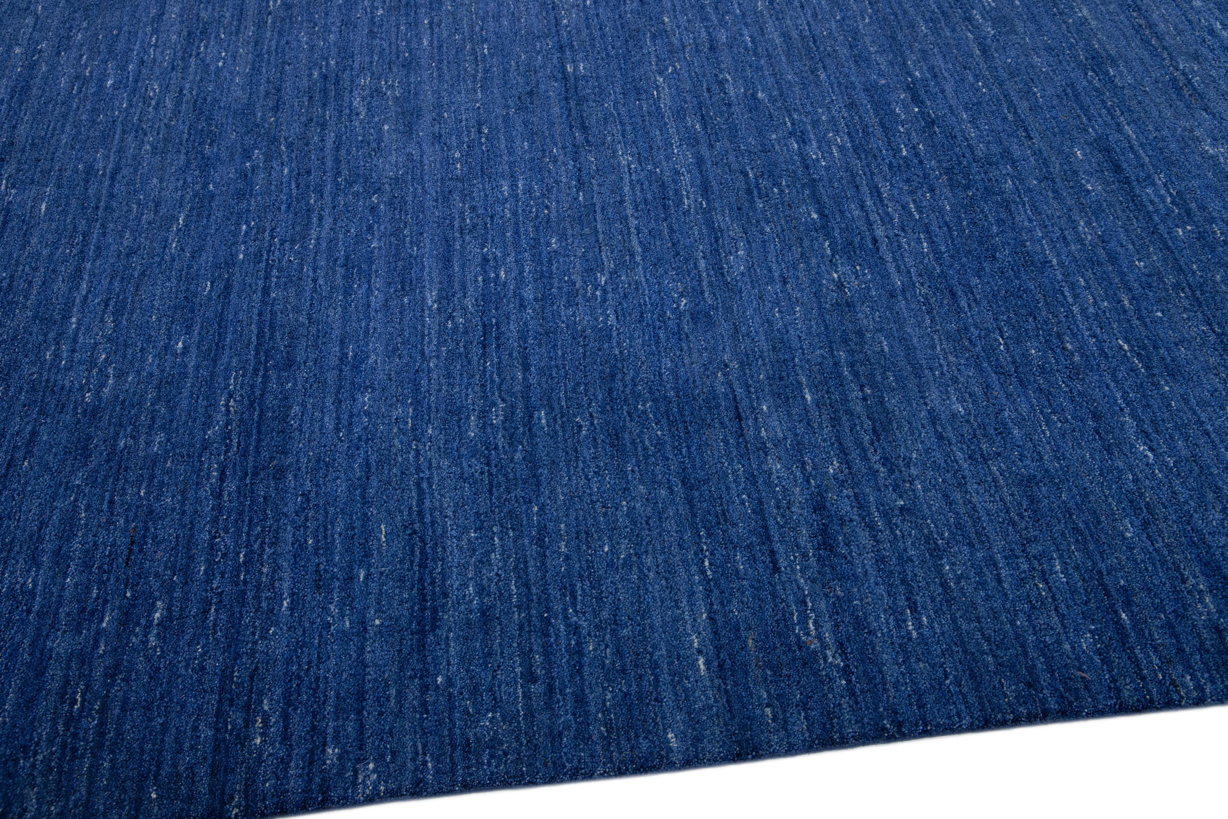 Contemporary Blue Modern Gabbeh Style Handmade Solid Motif Wool Rug For Sale
