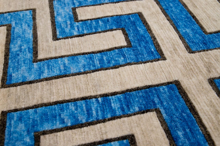 Blue Modern Handmade Geometric Custom Wool Rug For Sale at 1stDibs