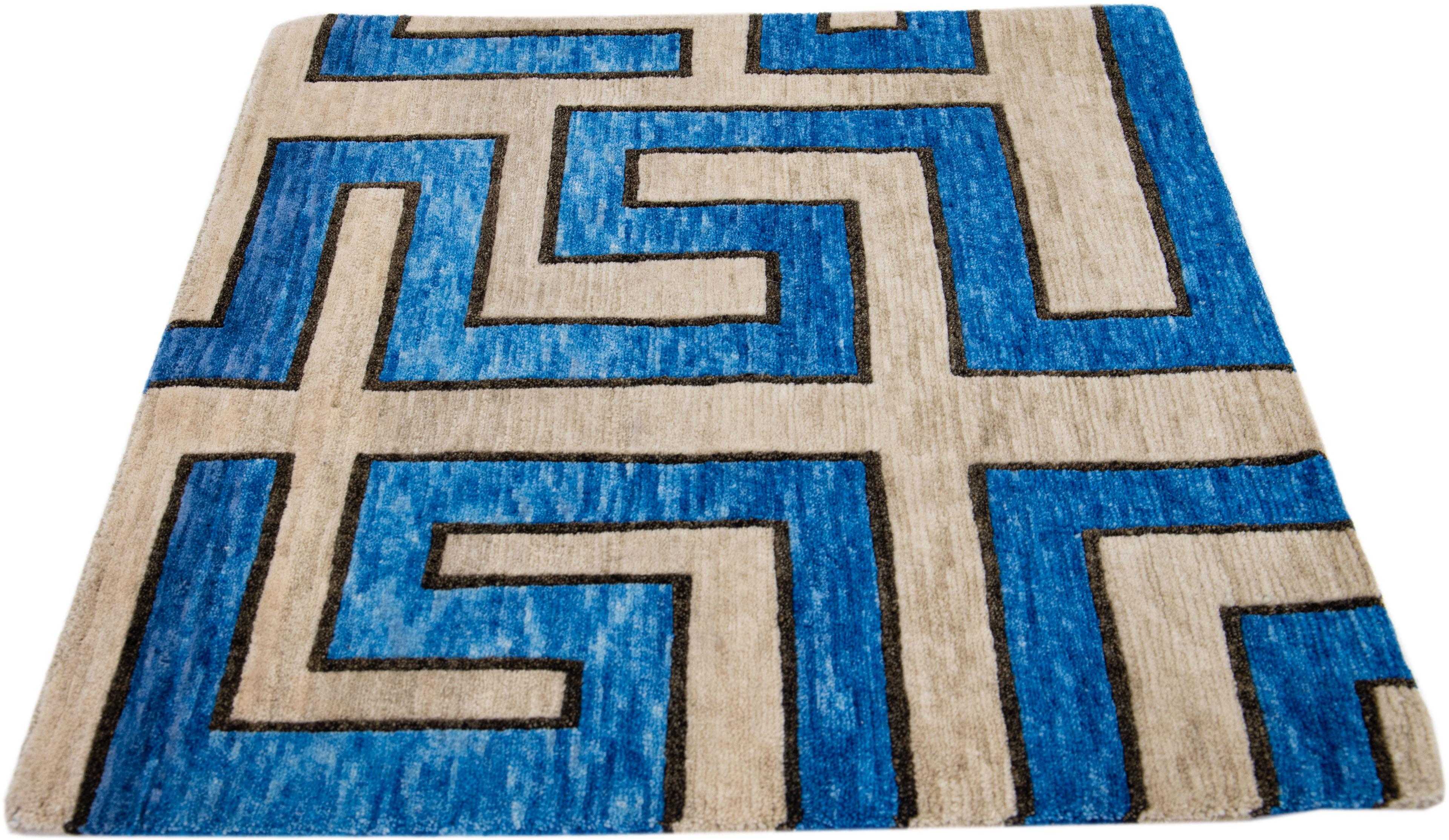 Nepalese Blue Modern Handmade Geometric Custom Wool Rug For Sale
