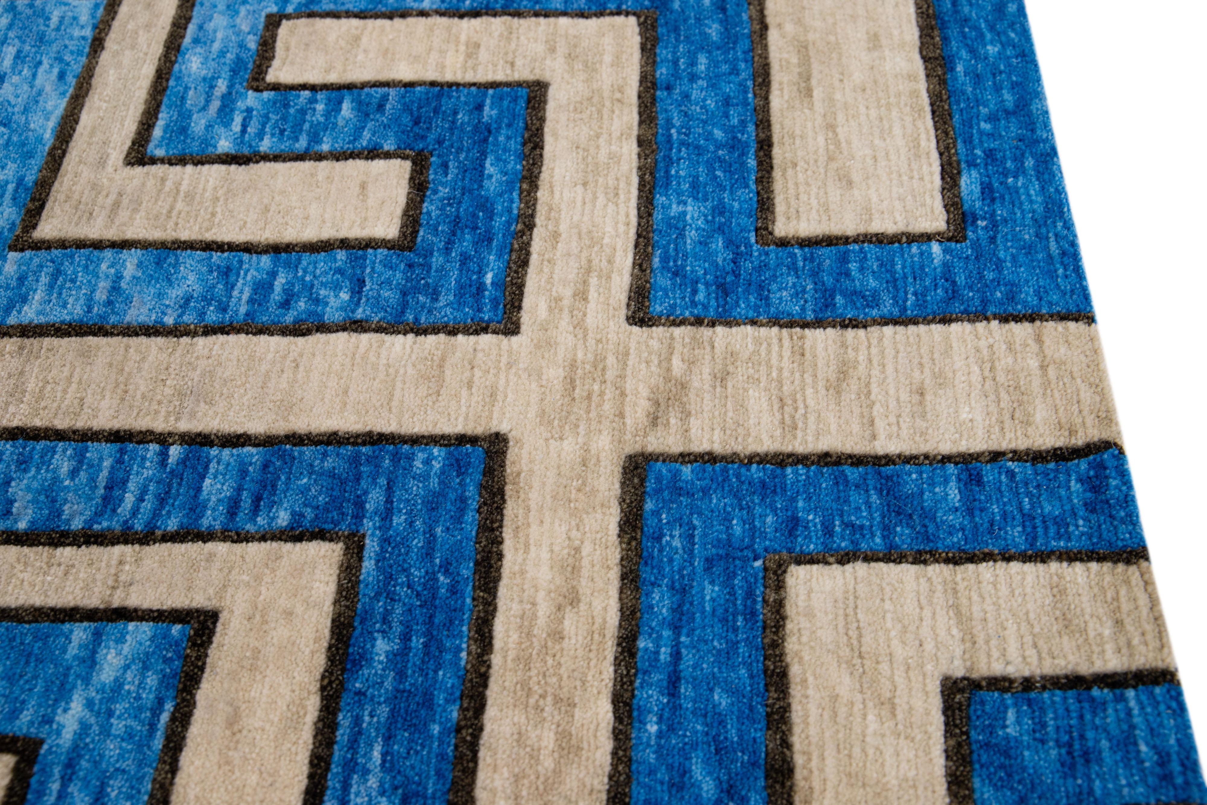 Hand-Knotted Blue Modern Handmade Geometric Custom Wool Rug For Sale