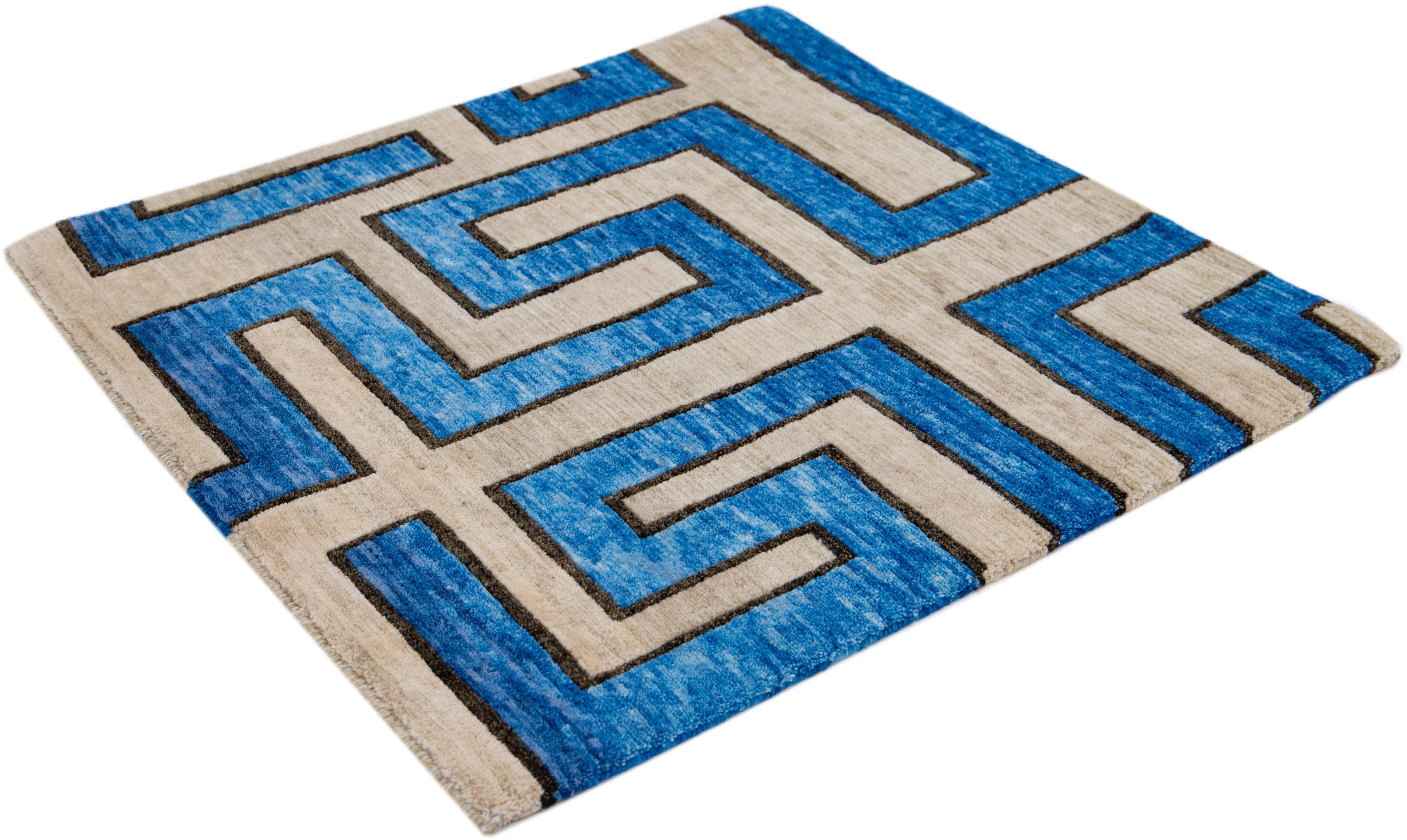 Blue Modern Handmade Geometric Custom Wool Rug In New Condition For Sale In Norwalk, CT