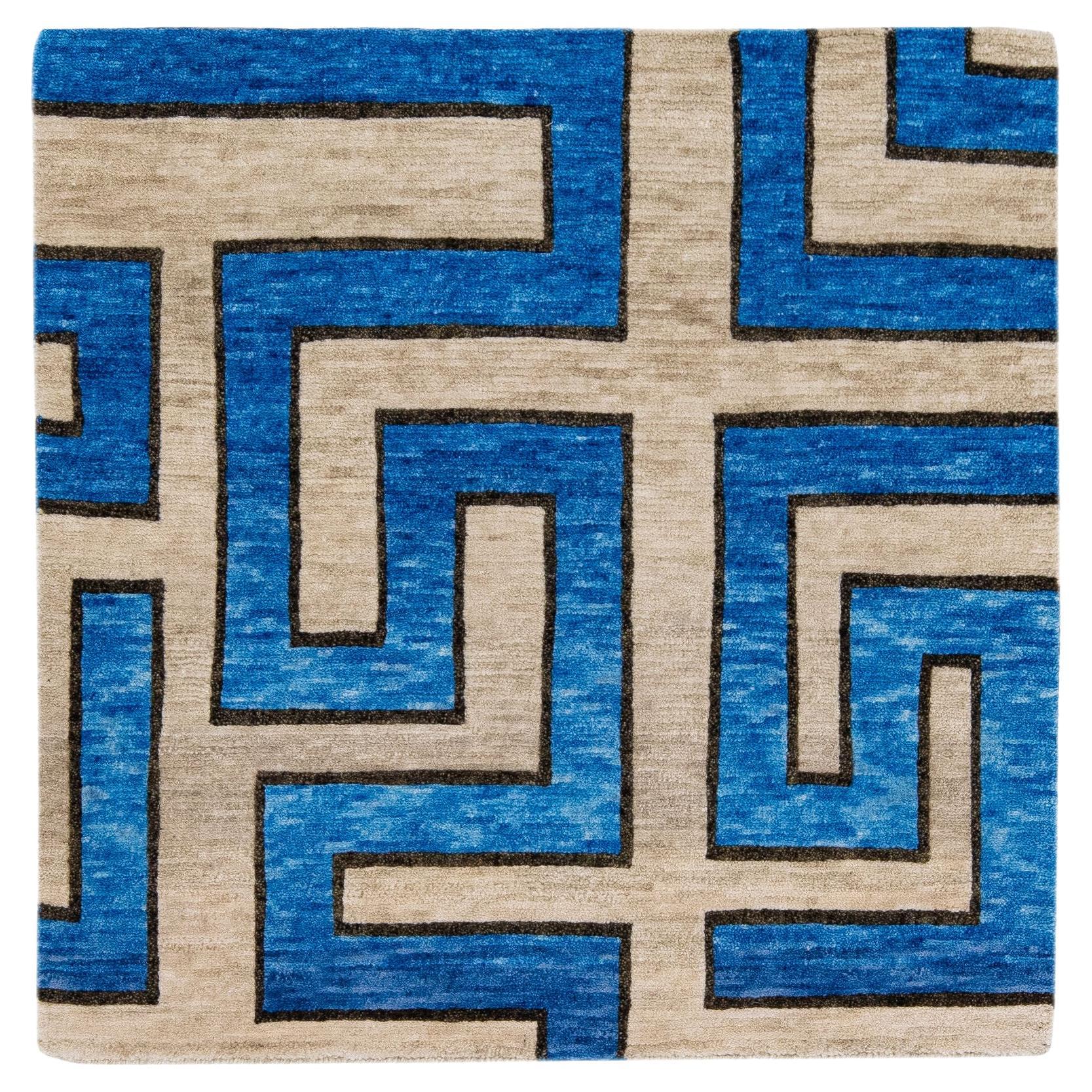 Blauer Moderner Handgefertigter Geometrischer Teppich aus Wolle