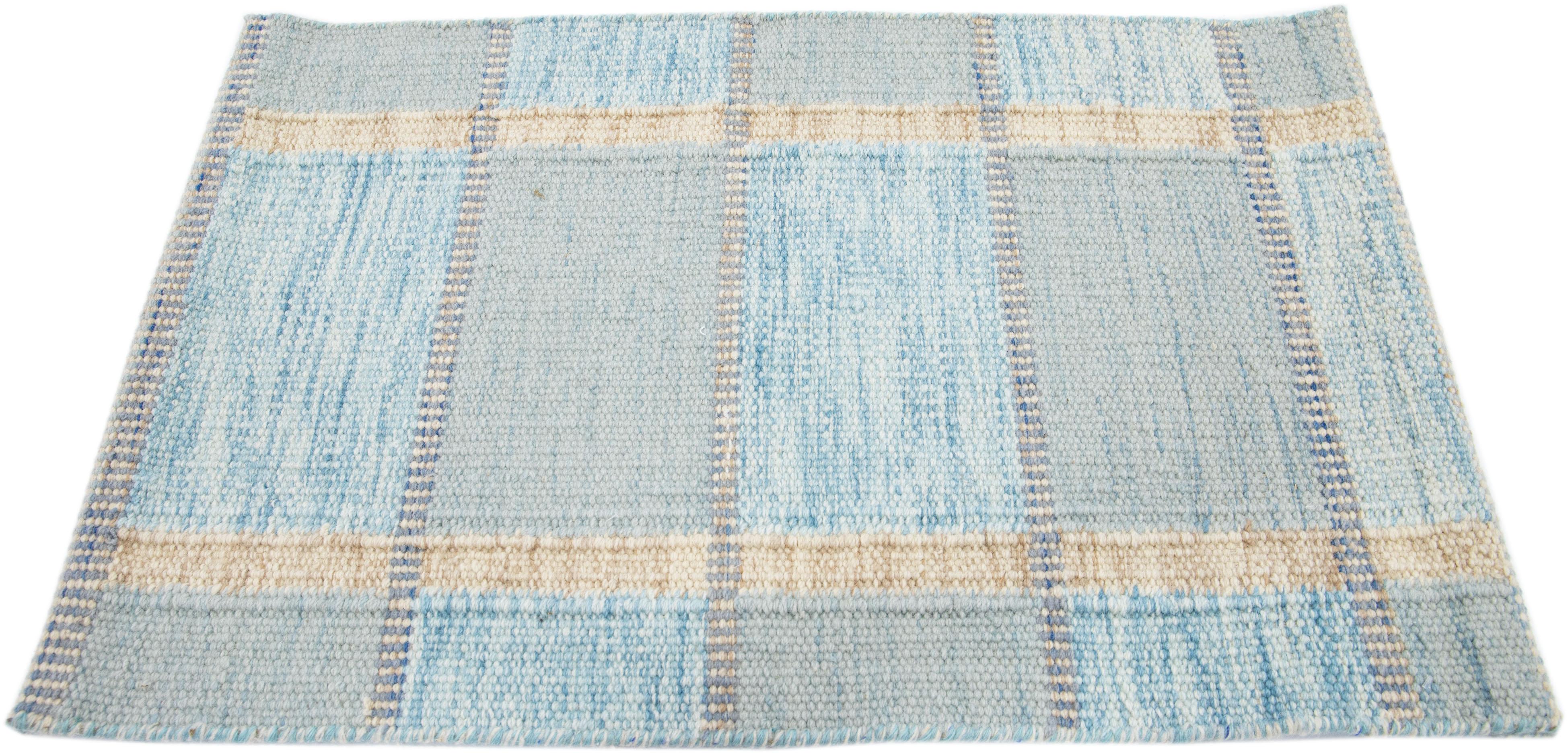 Indian Blue Modern Handmade Swedish Style Custom Wool Rug For Sale