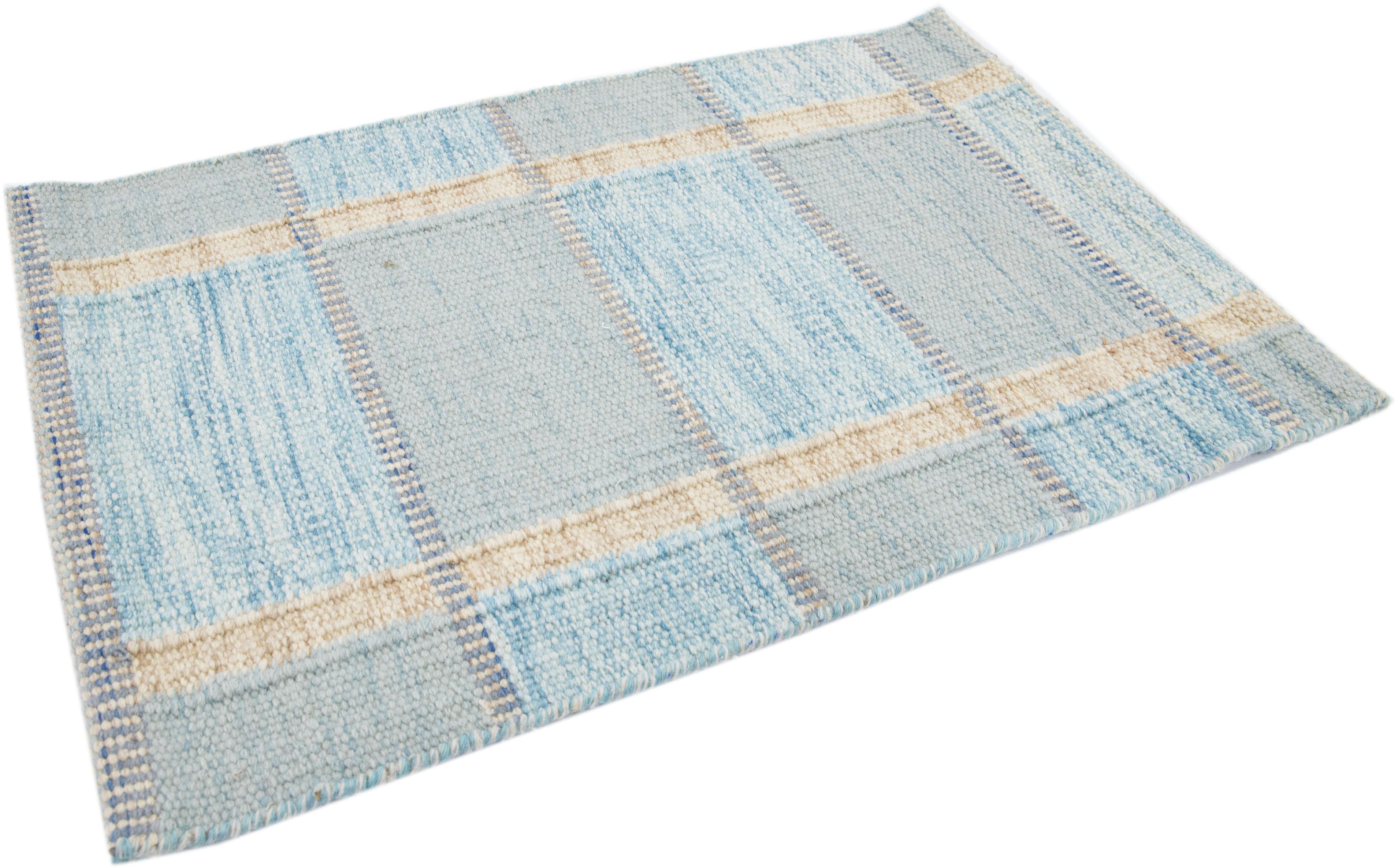 Blue Modern Handmade Swedish Style Custom Wool Rug In Distressed Condition For Sale In Norwalk, CT
