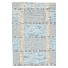 Tapis en laine bleu moderne fait à la main de style suédois sur mesure