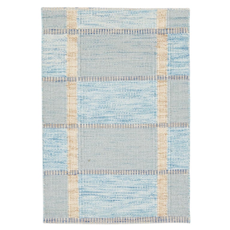 Blue Modern Handmade Swedish Style Custom Wool Rug For Sale at 1stDibs