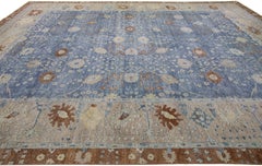 Blue Modern Indian Handmade Floral Wool Rug