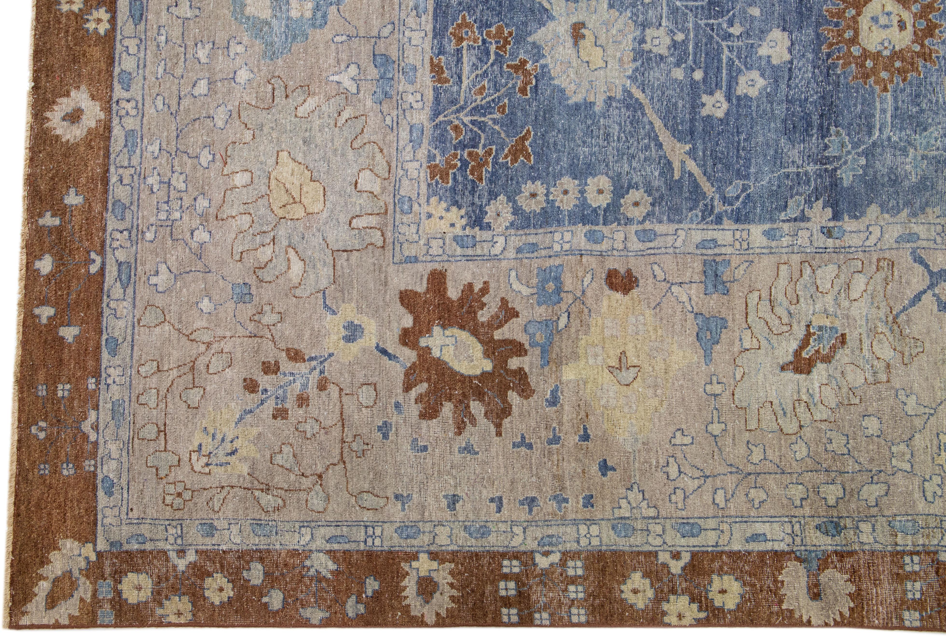 Hand-Knotted Blue Modern Indian Handmade Floral Wool Rug For Sale
