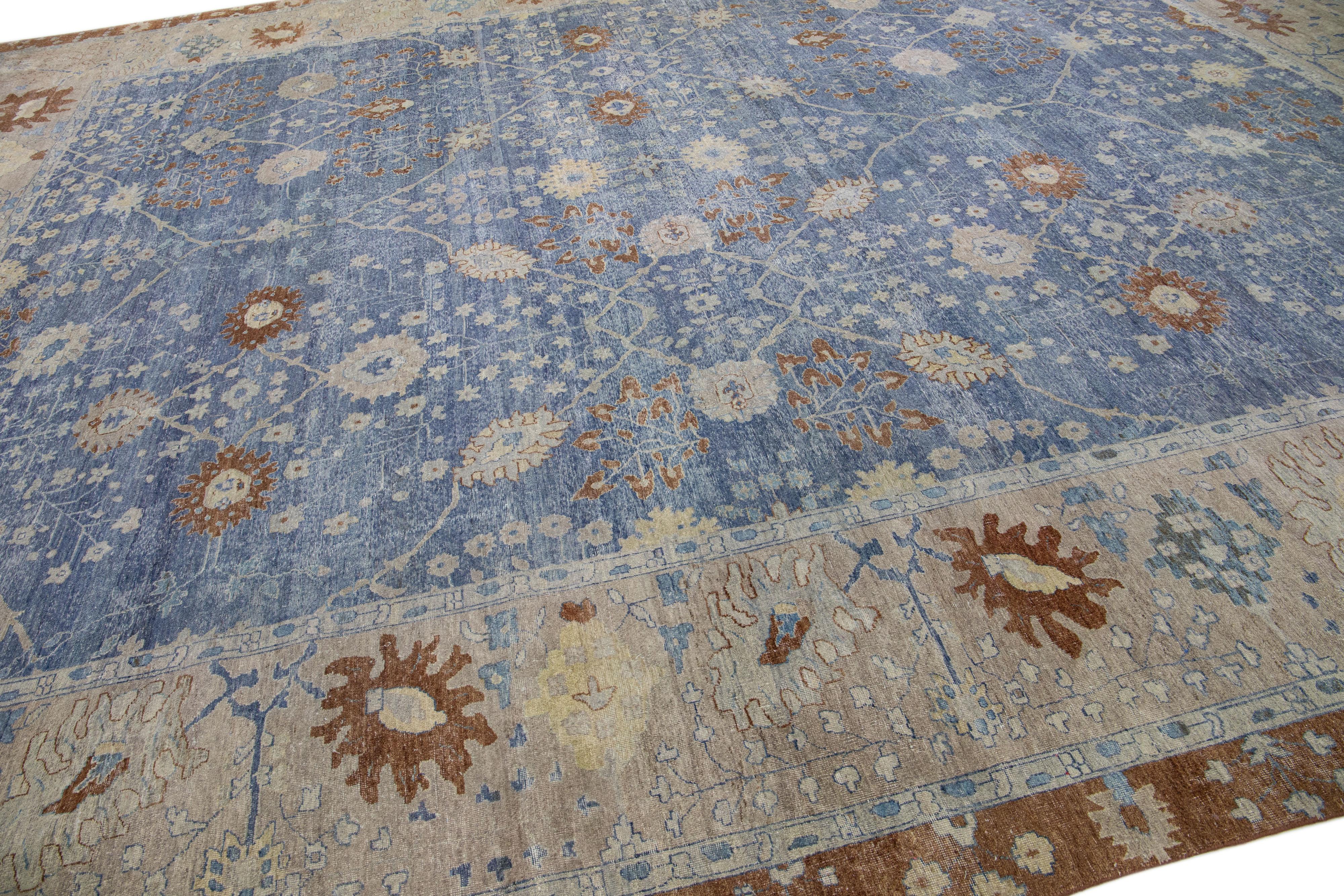 Contemporary Blue Modern Indian Handmade Floral Wool Rug For Sale