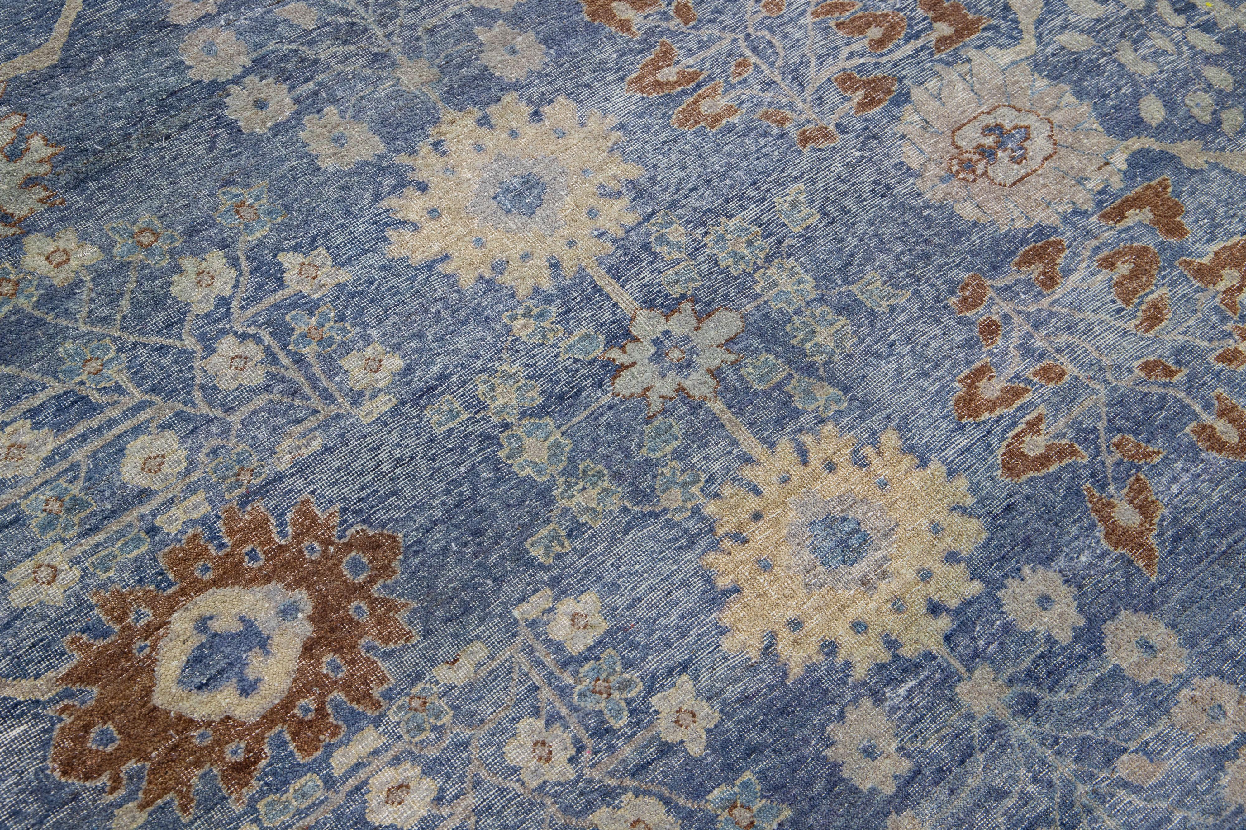 Blue Modern Indian Handmade Floral Wool Rug For Sale 1