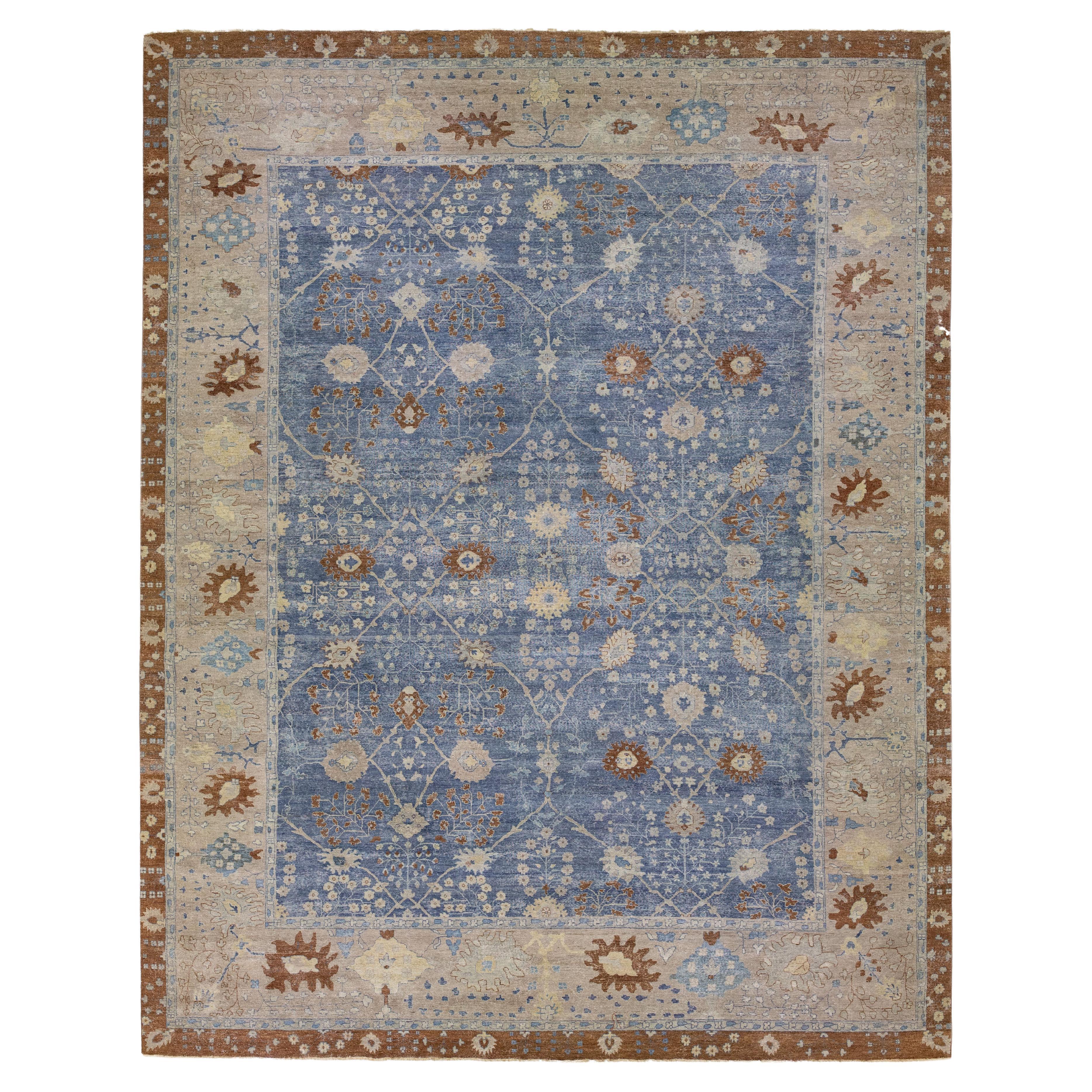 Tapis de laine floral indien moderne et bleu fait  la main