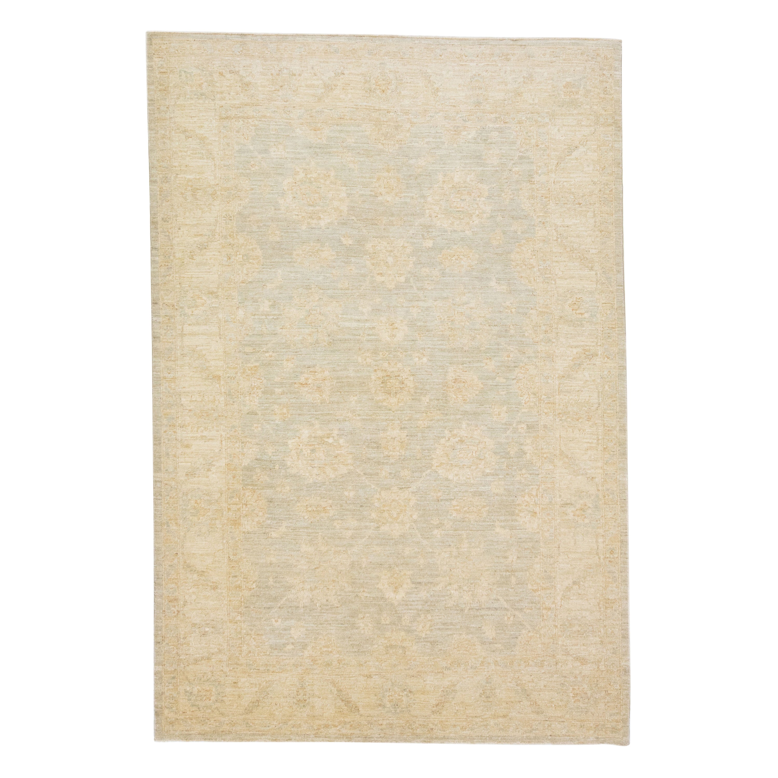Blau Modern Indisch  Handgefertigter Wollteppich mit floralem Muster