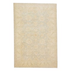 Blau Modern Indisch  Handgefertigter Wollteppich mit floralem Muster