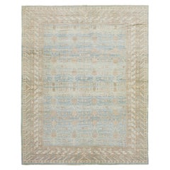 Apadana's Modern Khotan Style Blue Oversized Wool Rug With Geometric Design