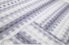 Blauer moderner Flachgewebe-Teppich aus elfenbeinfarbener und grauer Wolle mit geometrischem, nahtlosem Motiv