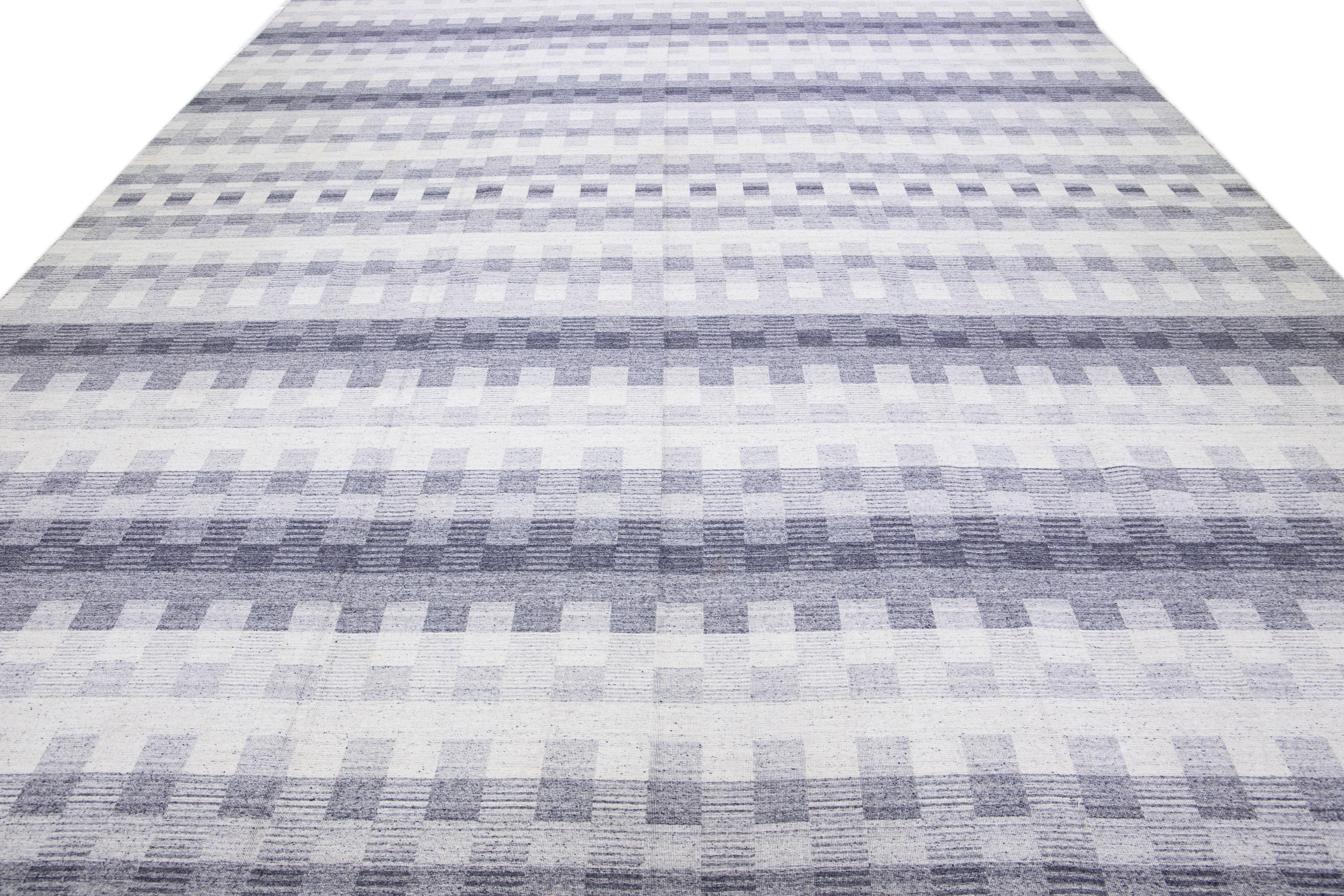 Afghan Blue Modern Kilim Flatweave Ivory & Gray Wool Rug With Geometric Seamless Motif For Sale