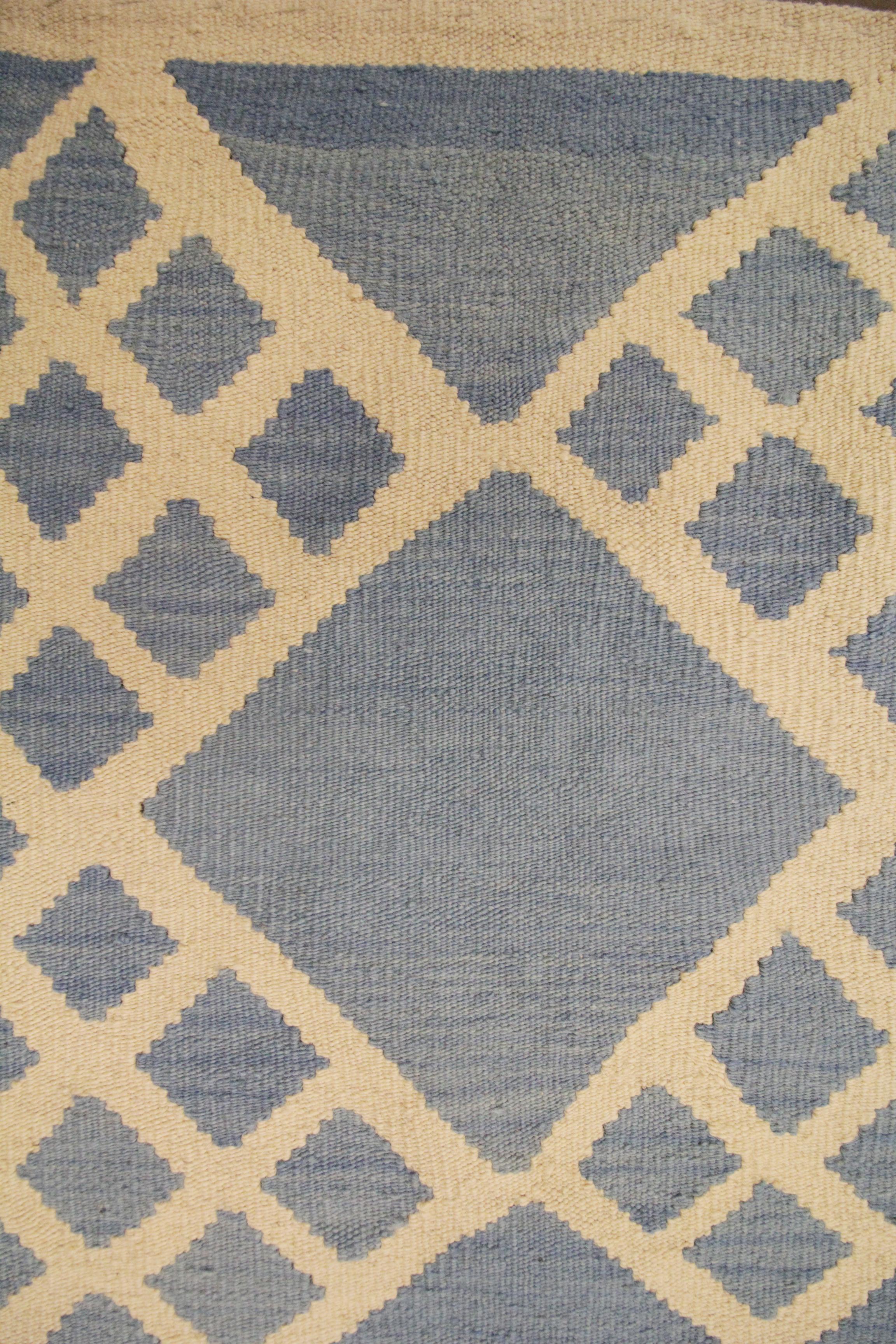 Contemporary Blue Modern Kilim Rugs Geometric Carpet Wool Scandinavian Rug