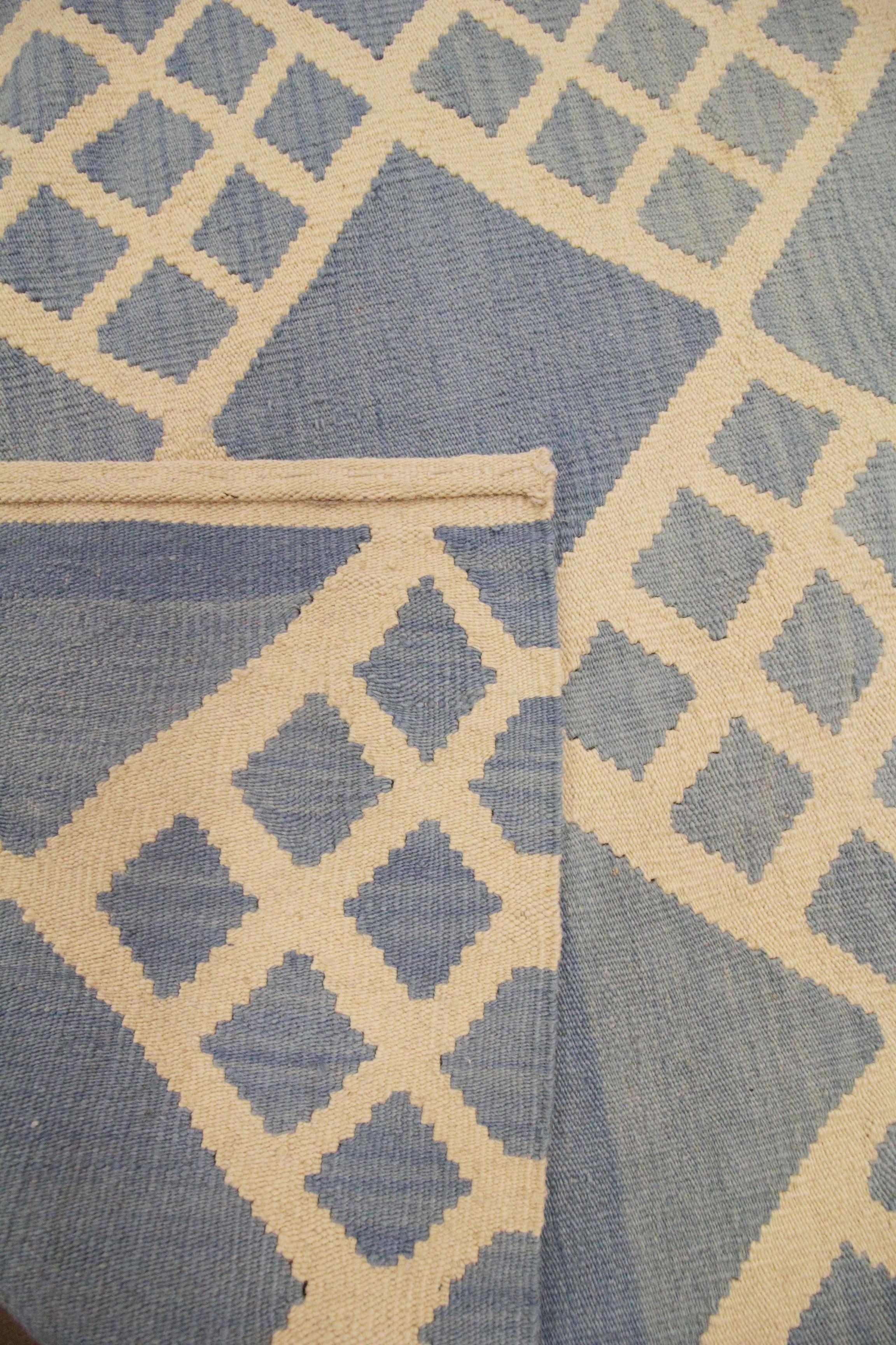 Blue Modern Kilim Rugs Geometric Carpet Wool Scandinavian Rug 1