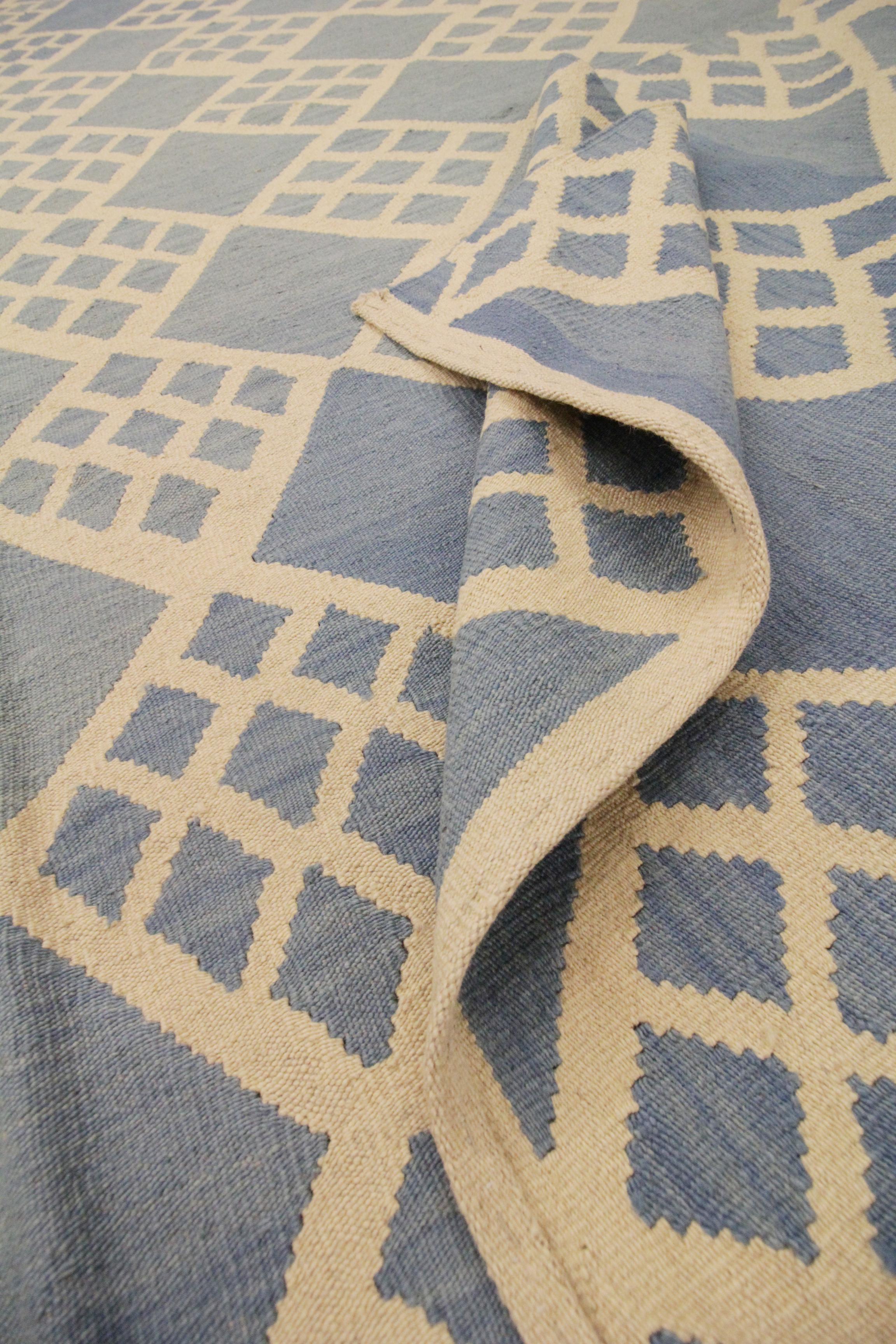Blue Modern Kilim Rugs Geometric Carpet Wool Scandinavian Rug 2