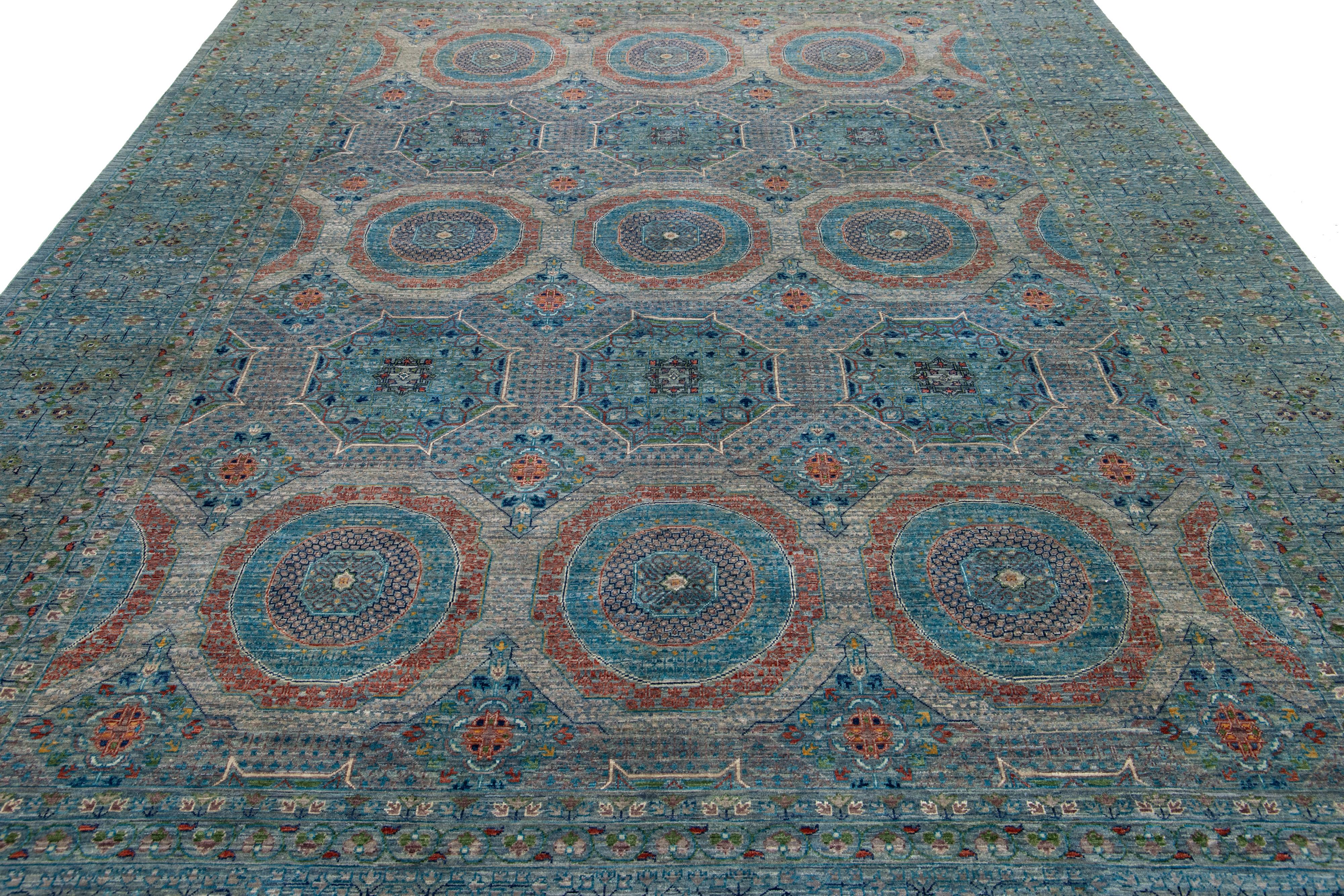 XXI secolo e contemporaneo Tappeto moderno in lana Mamluke blu con disegno geometrico in vendita