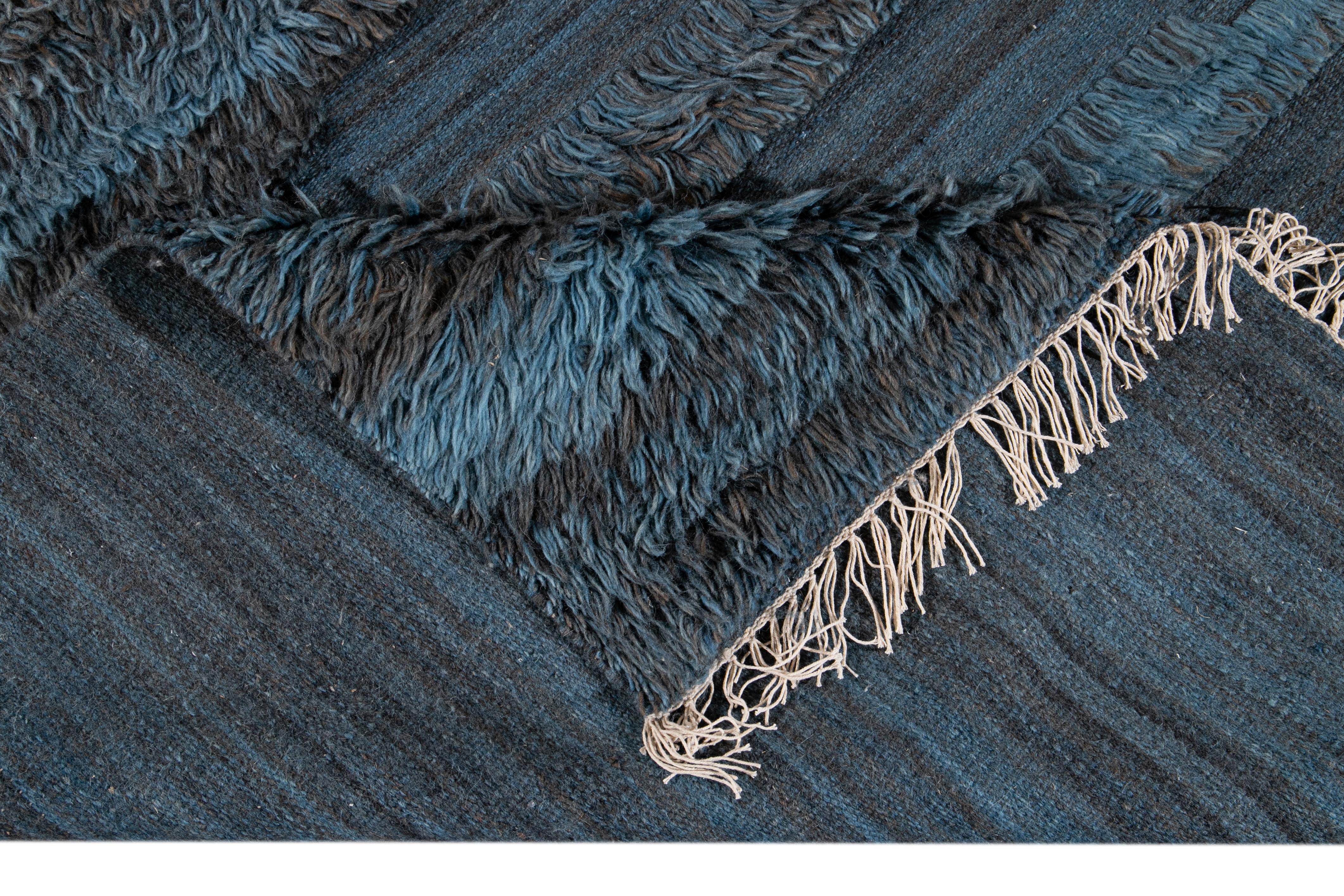 Alfombra de lana bereber azul de estilo marroquí moderno Lana en venta