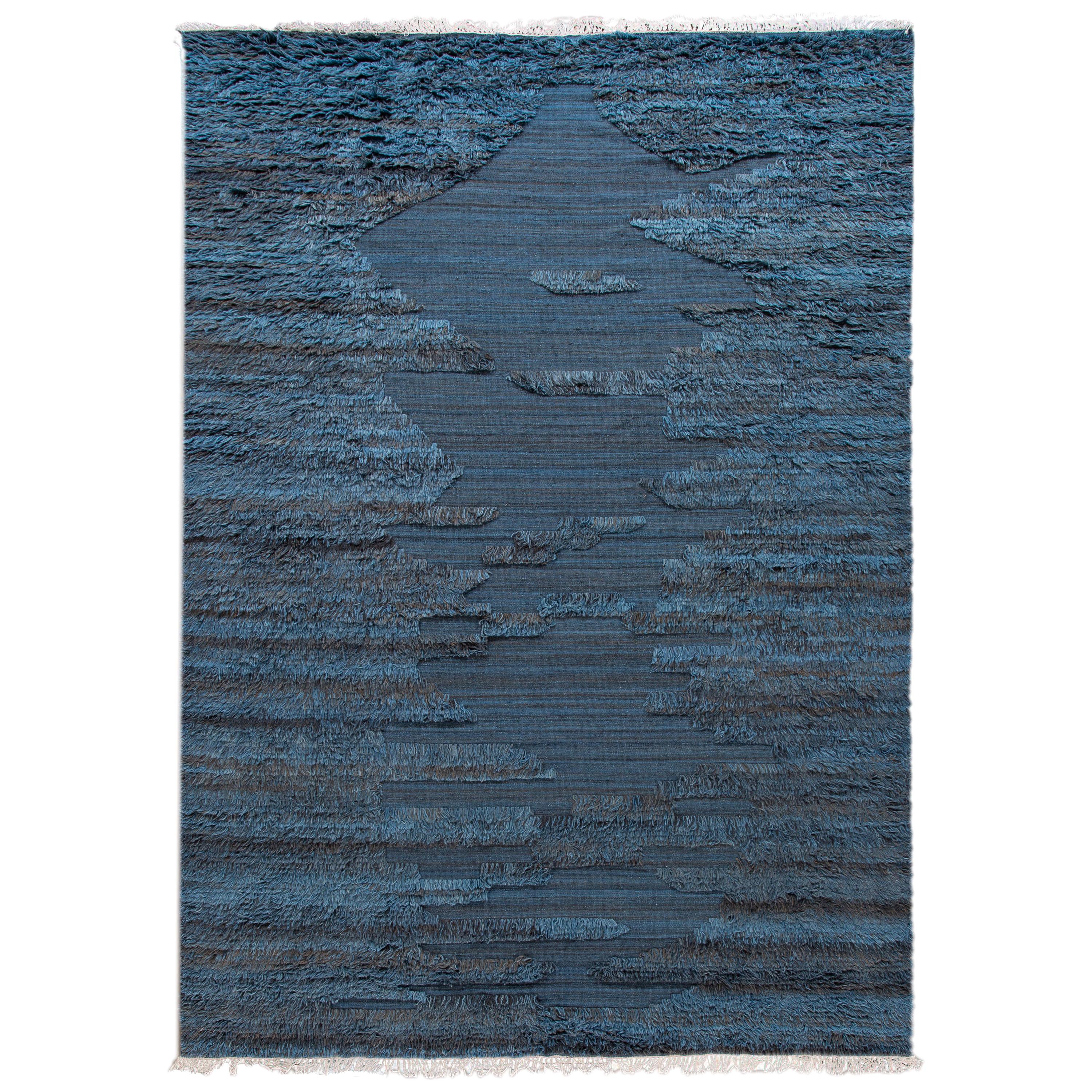 Blue Modern Moroccan-Style Berber Wool Rug For Sale