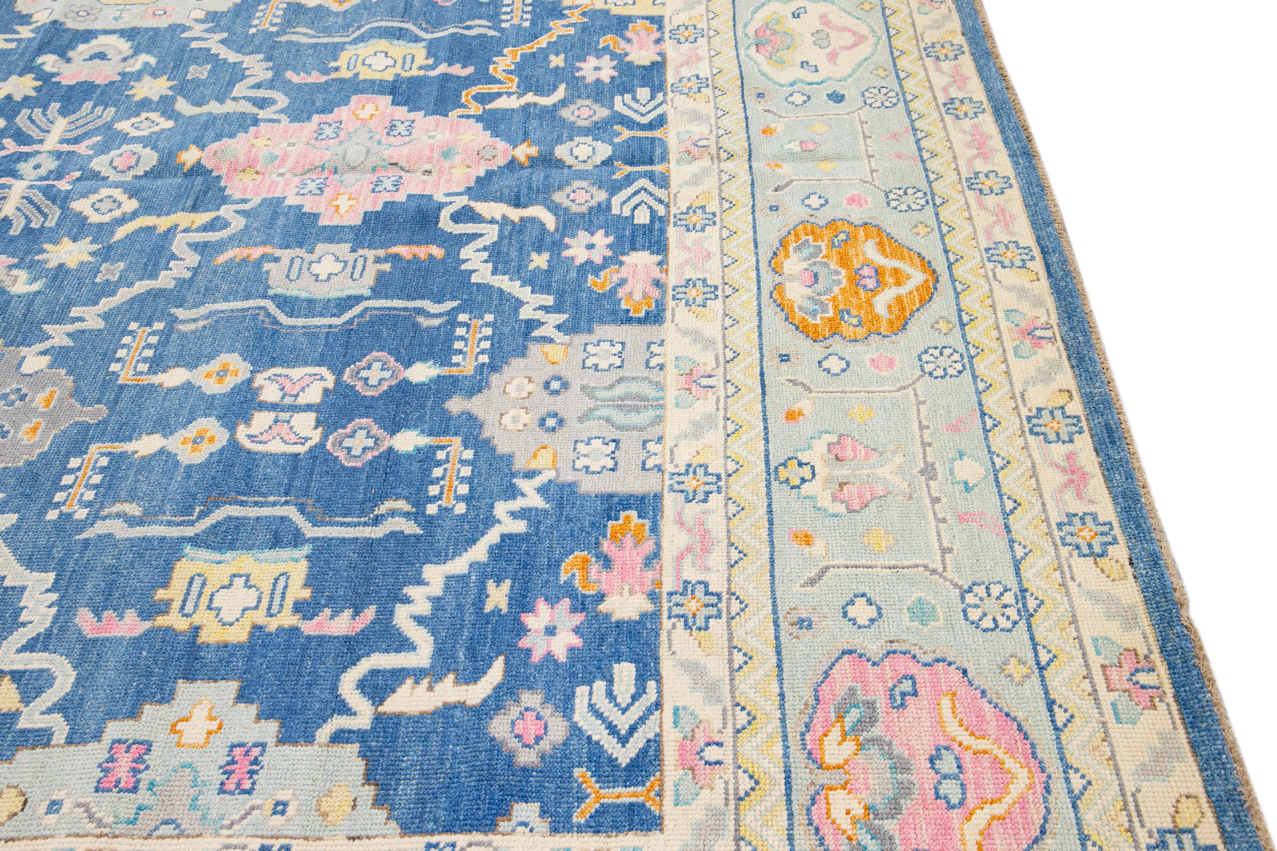 Blue Modern Oushak Handmade Multicolor Floral Motif Oversize Wool Rug In New Condition For Sale In Norwalk, CT