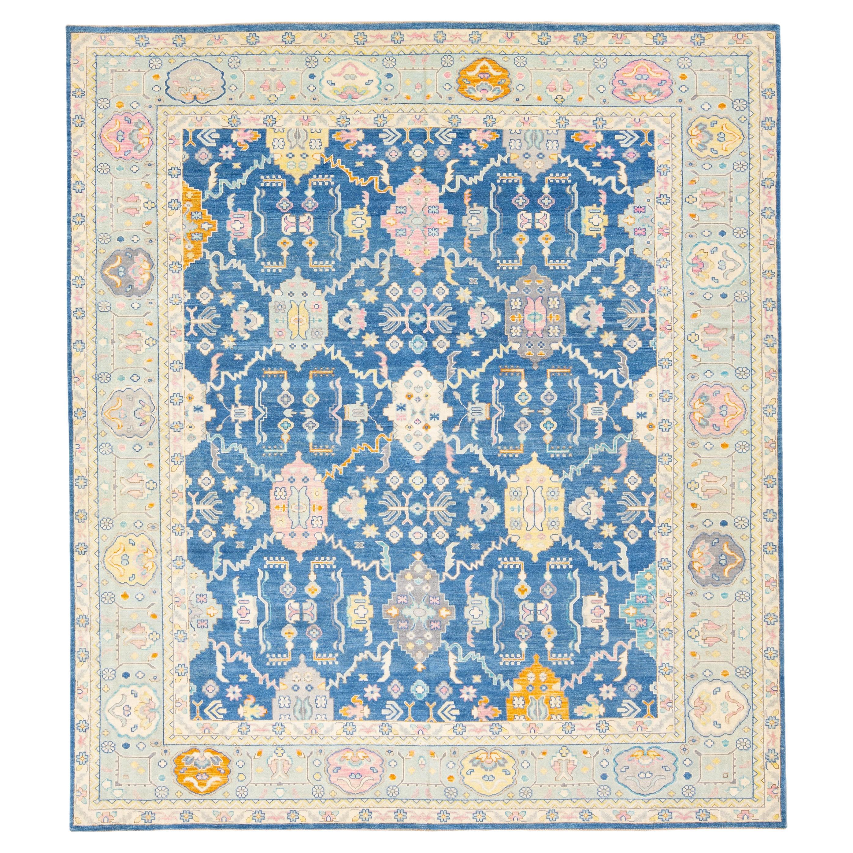 Blue Modern Oushak Handmade Multicolor Floral Motif Oversize Wool Rug