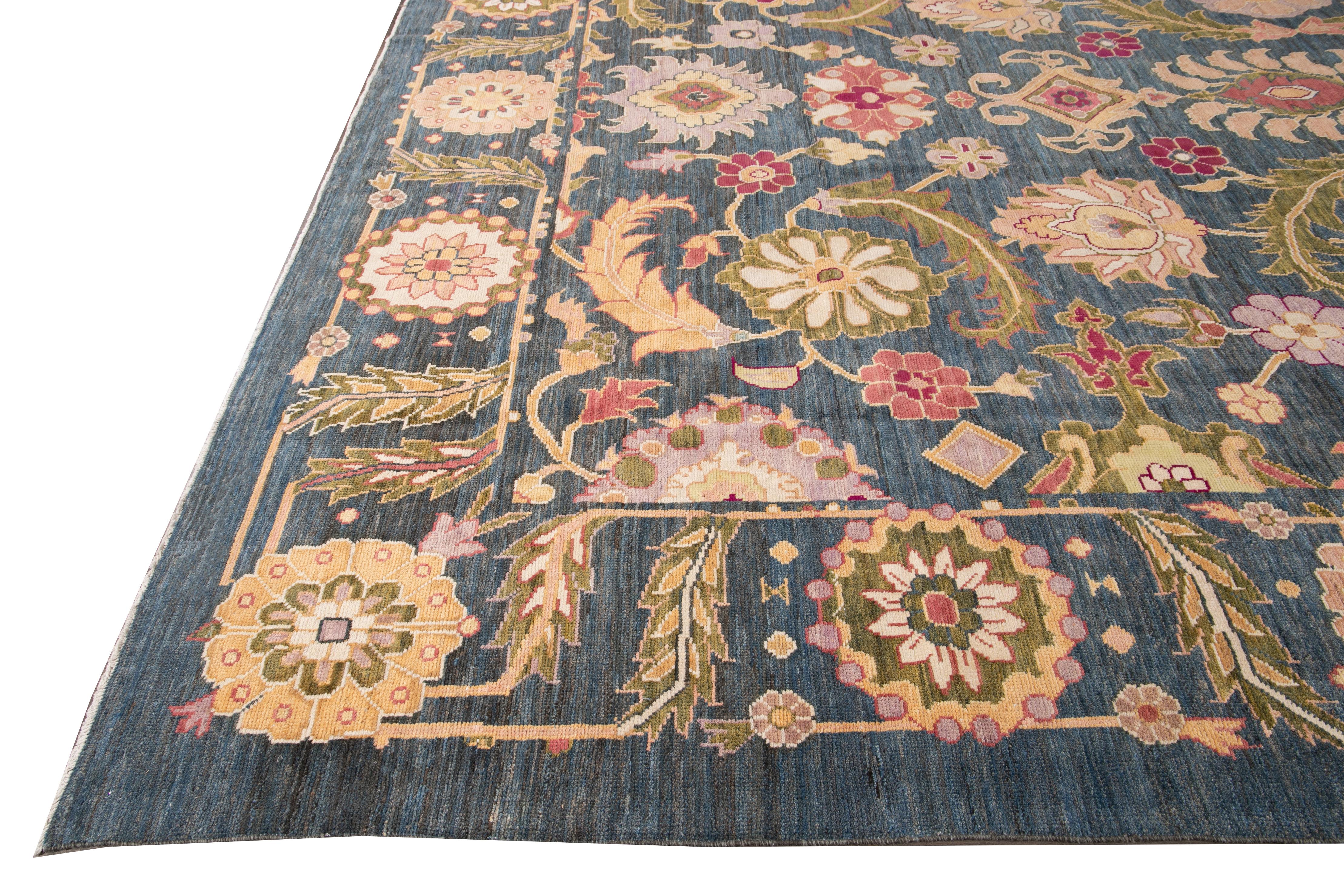 Hand-Knotted Blue Modern Oushak Handmade Oversize Wool Rug For Sale