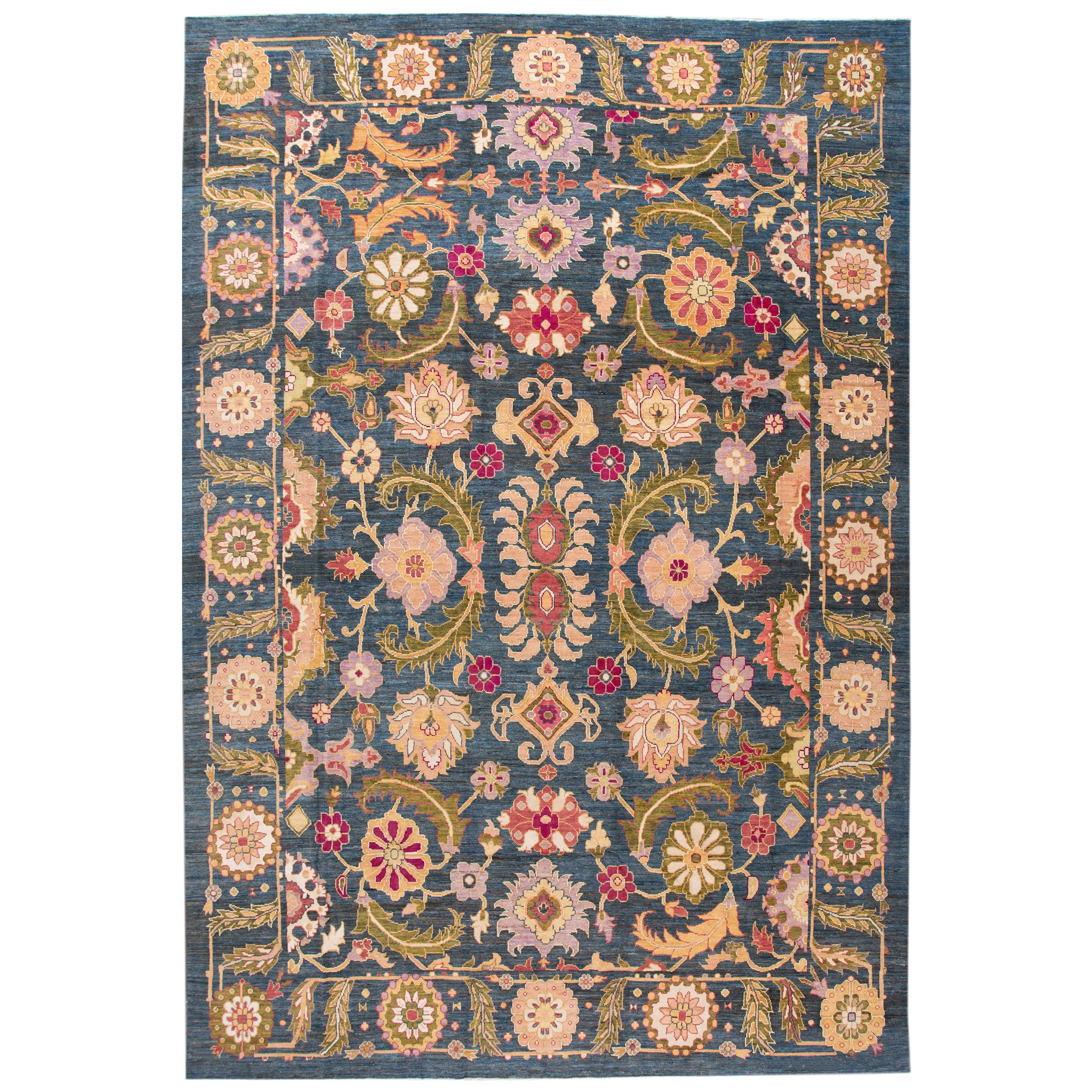 Blue Modern Oushak Handmade Oversize Wool Rug